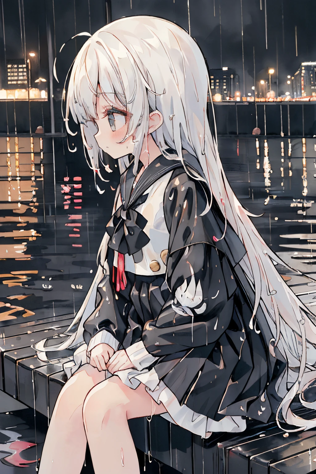 absurderes, hight resolution, (Anime style:1.1), ((masutepiece)), ((Best Quality)), (Ultra-detailed), (Beautiful),Beautiful face、(liftup),Cute little girl s、Wet hair、My hair is wet、Long、White hair、Black jacket、cool jacket、Rain、I have my hands in my pockets、night cityscape、neons、near future(((neons、Hair is wet、Wet hair、Rain、rain is falling、Sateen)))、natta、((a sailor suit))Black sailor suit、I'm sitting、(((((Lateral face、profile、)))))(((Long black skirt)))、long skirt、((Black long skirt))