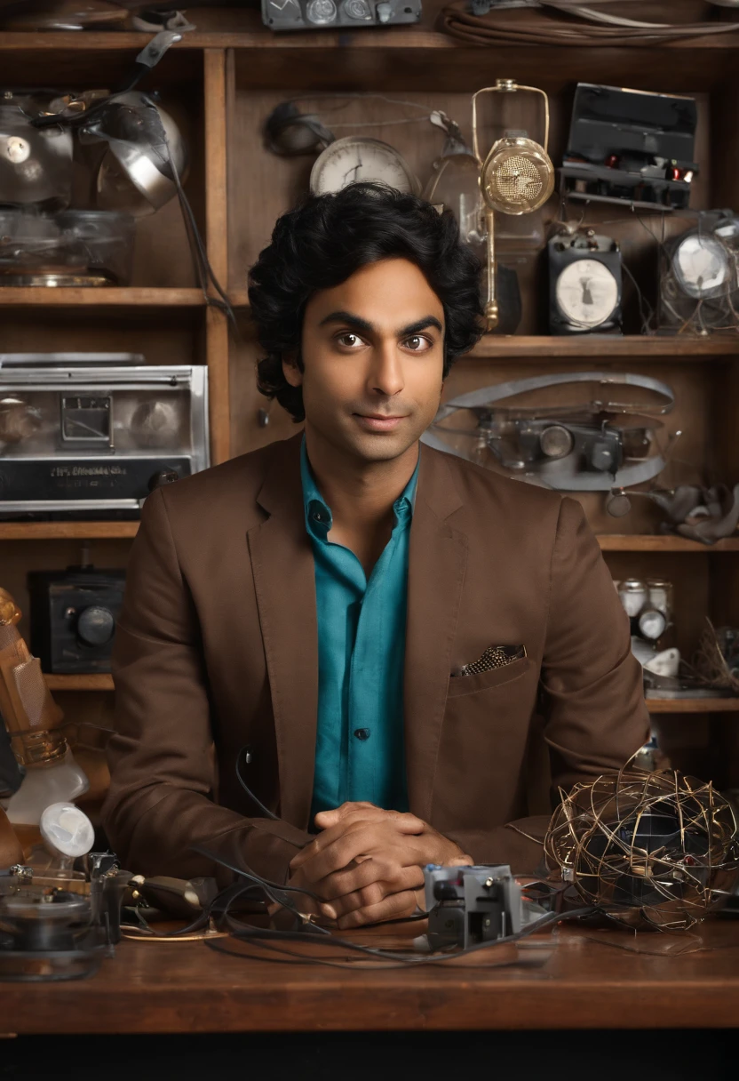 A photo of a quirky, DIY project with wires and gadgets scattered on a workbench,The Big Bang Theory,Raj is an Indian man with black hair and brown eyes, portrayed by Kunal Nayyar