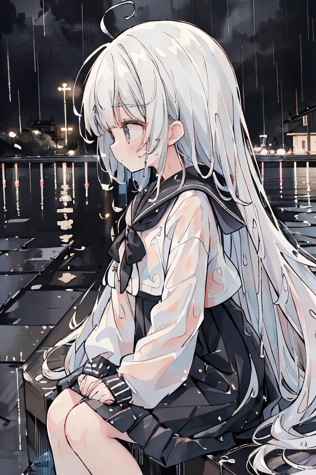 absurderes, hight resolution, (Anime style:1.1), ((masutepiece)), ((Best Quality)), (Ultra-detailed), (Beautiful),Beautiful face、(liftup), s、Wet hair、My hair is wet、Long、White hair、Black jacket、cool jacket、Rain、I have my hands in my pockets、night cityscape、neons、near future(((neons、Hair is wet、Wet hair、Rain、rain is falling、Sateen)))、natta、((a sailor suit))Black sailor suit、I'm sitting、(((((Lateral face、profile、)))))(((Long black skirt)))、long skirt、((Black long skirt))