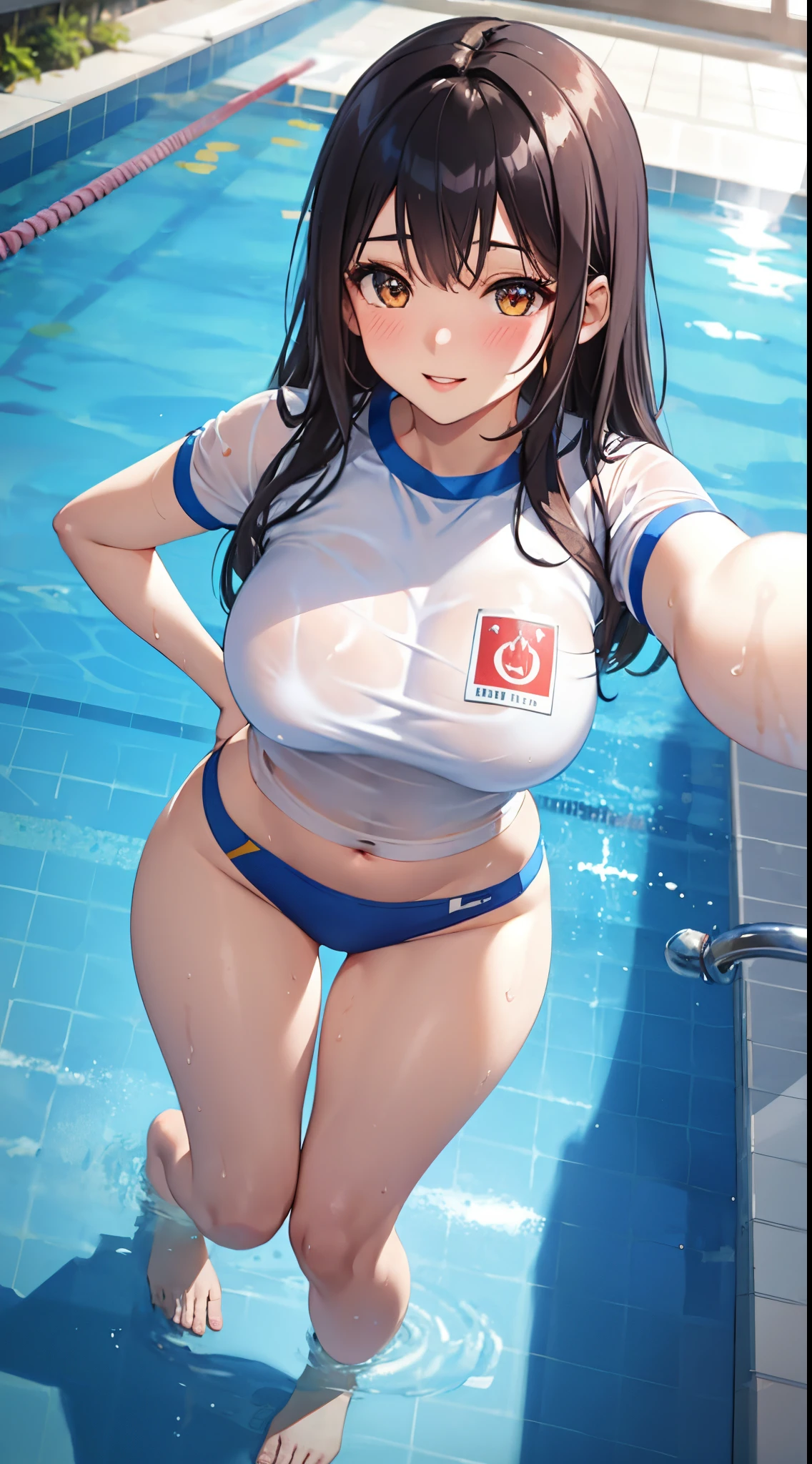 1girl in, Parted lips, blush, makeup, lightsmile, Full body, Wide Angle, From  above, crass room, llight rays, Glow, thighs thighs thighs thighs, 鎖骨, Narrow waist, (masutepiece), Wallpaper,Dark hair color、Breast bulge、Sheer、white gym uniform、Dark blue bloomer、a wet body、swimming pools