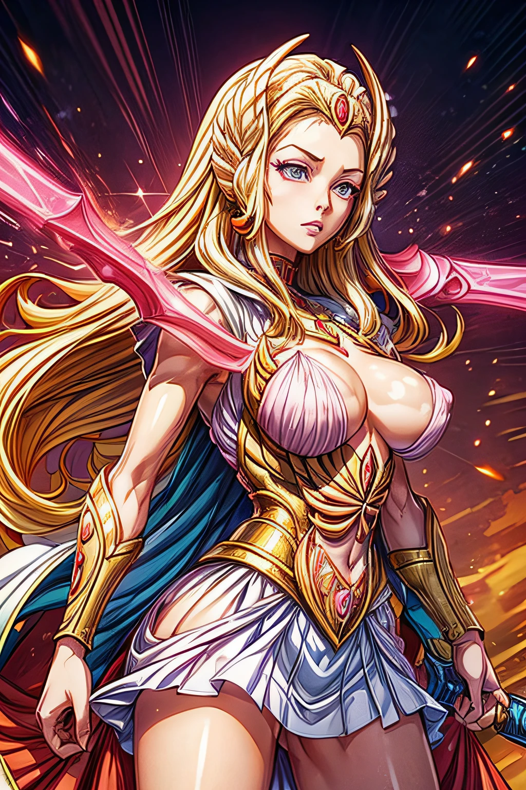 masterpiece, best quality, high quality, SheRaQuiron character, panties, (pink nipples:1.2), white robe, golden armor, looking back, glowing sword