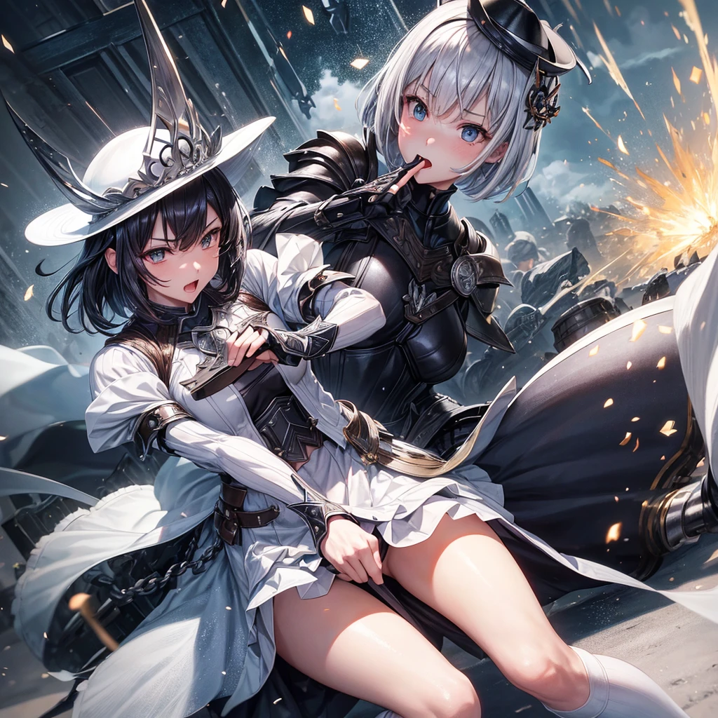 battle field、fight with a shining sword、Sheer clothing、Skirt Lift Up、silber hair、Short bob hair、white hunting hat、samurais、Berserker、A sexy、Opening legs、sears dress、Black Armor、Black knee socks、Have fun、I have my mouth wide open、The chest isｃcups、Beautiful fece