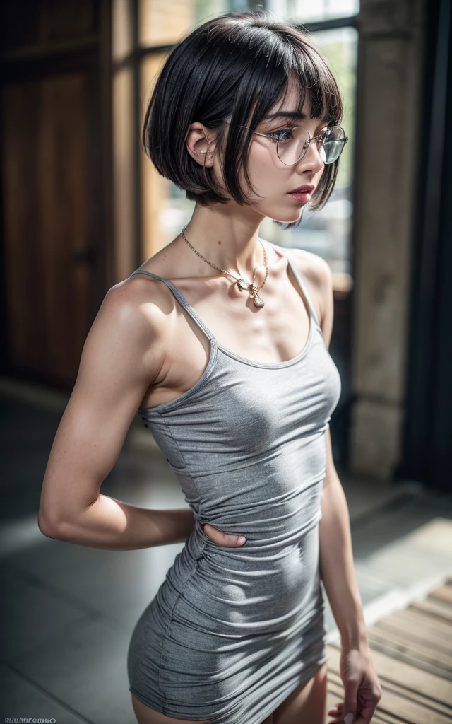 (8K, Masterpiece, RAW photo, Best quality, detail:1.3), (ultra realistic:1.4, scenary, 8K), Depth of field, Cinematic light, (ultra realistic face), (1 solo girl:1.7), (Beautiful and elegant Russian girl), ( tight [red|white] [miniskirt|leggings|minidress|skinny minishorts], 1.6), (skinny girl with glasses), (European face:1.3), (natural abs), (full body:1.5), ([tight minitop|tight jacket]:1.4), (small necklace, collarbone:1.1), ([short hair]:1.5), (ultra detailed skin:1.4), (soft mate fabric:1.3), ([frontal pose|side profile pose|back profile pose]:1.5), (face looking at viewer:1.5), (perfect hands:1.4), (perfect anatomy:1.6), ([black hair|blonde hair]:1.4), (stacked bob hair:1.5)
