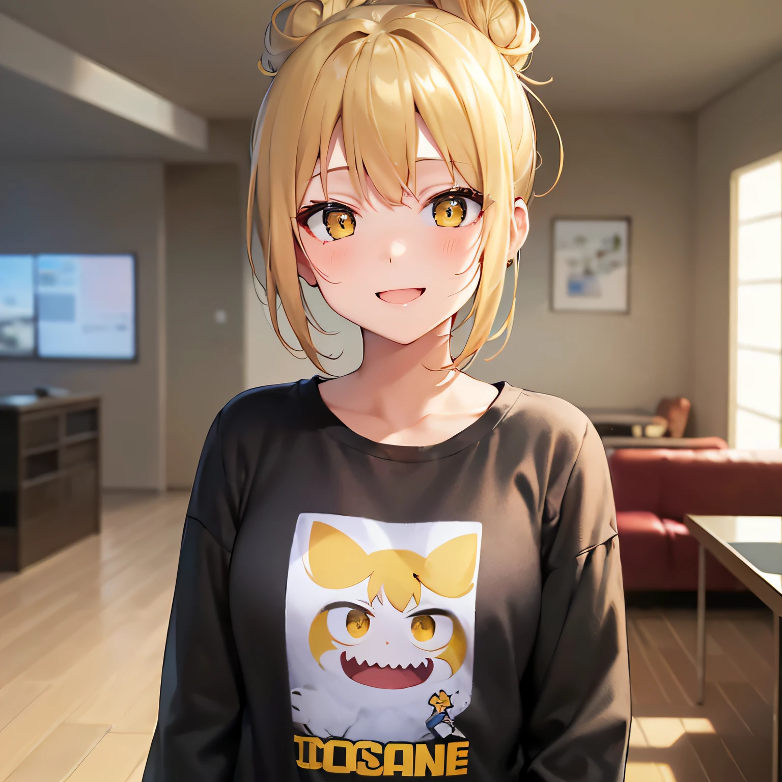 masterpiece、hightquality、(blonde hair, hair bun, yellow eyes)、An 18-year-old woman、(black oversized t-shirt, oversized clothes)、(Alone:1.5)、(A smiling expression of embarrassment:1.1)、(Kamimekai:1.3)、(Only the upper body is shown.:1.3)、is standing、Bold composition、The background is the living room at night
