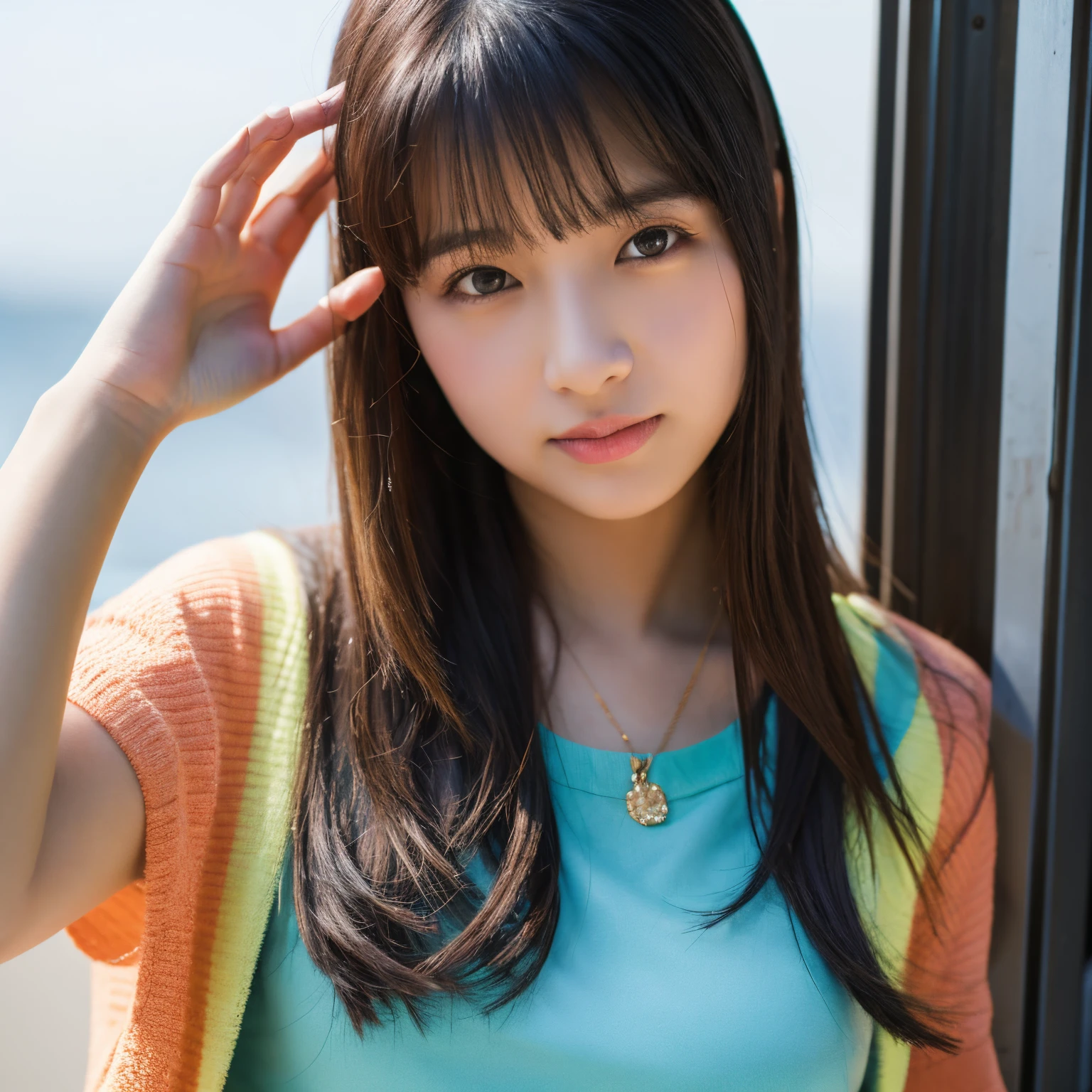 sleeveless with exposed shoulders、1 Japanese female, s old、Upper body exposed、(highest quality、High resolution、masterpiece : 1.3)、amazingly beautiful big breasts、sexy and sexy eyes、Very dense makeup、(Photoreal: 1.4)、(ハイパーrealistic: 1.4)、(realistic: 1.3)、(smooth writing feel: 1.05)、(Improved cinematic lighting quality: 0.9)、32k、1 girl、20 year old girl、realistic lighting、Backlight、face light、ray tracing、(bright light: 1.2)、(quality improvement: 1.4)、(quality improvement: 1.4)、(Realistic skin texture: 1.4)、細かいfine eyes、detailed face、fine eyes、(tired、sleepy、satisfaction: 0.0)、navy blue tennis wear: 1.3、(Improving the atmosphere of the body line: 1.1)、(Improving the beauty of skin texture: 1.1)、japanese idol、Nogizaka Idol、idol sculpture、actress、fashion model pose、amazing big tits、transparent clothes、