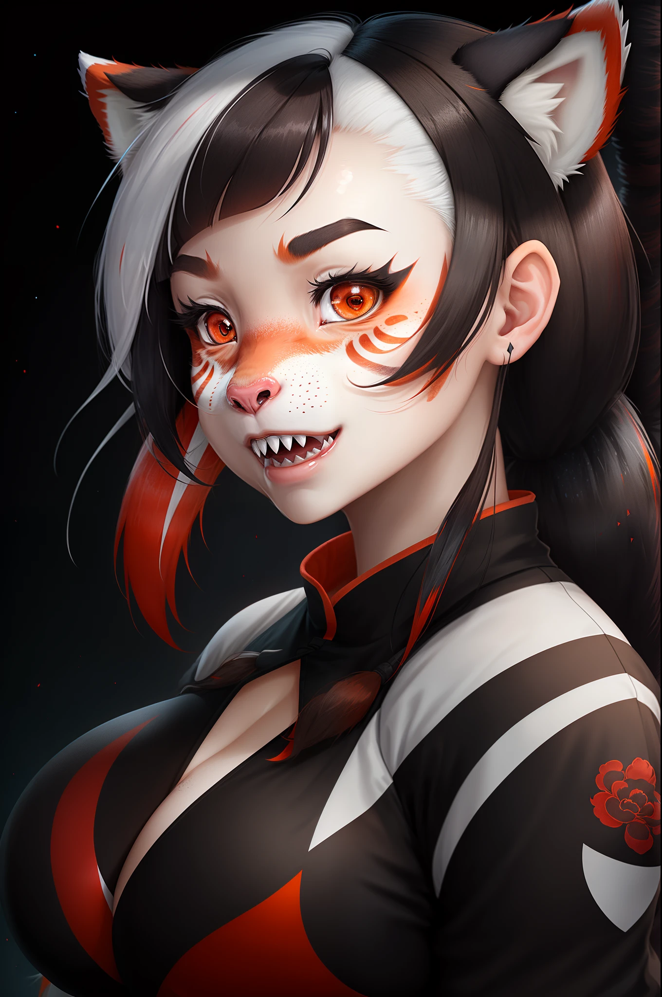 * Female, Chinese, Pale Skin, Light Freckles, half Red Panda half human, Light Orange, hip-length hair, Has streaks of white hair in bangs, Has the tail, ears, and the body and facial markings of a Red Panda, Dark brown eyes, Curvy and slightly chubby figure, F-Cup breasts, Sharp canine teeth only has fur on tail and ears