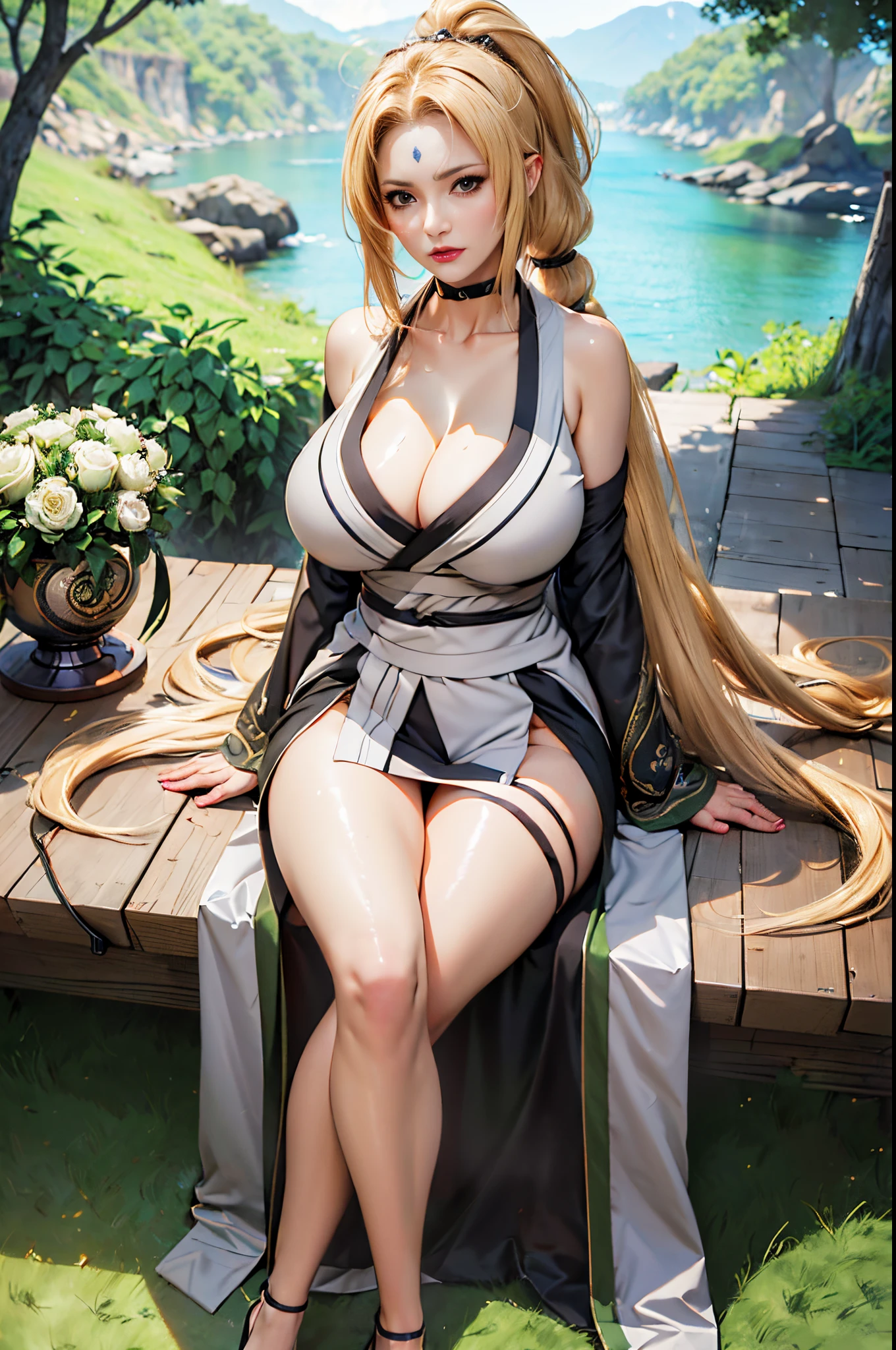 generate tsunade from naruto anime, best quality, masterpiece, 1girl, (solo:1.1), raytracing, ultra detailed, 8k wallpaper, wide hips, tsundere face, gigantic breast, (long hair:1.1), blonde hair, looking at viewer, collarbone, long coat and kimono inside, cleavage, sitting, outdoor, milf female, , detail japanesse village background,(masterpiece, best quality:1.2),(8k,highres,RAW photo,realistic,photo-realistic:1.3),(detailed skin texture,detailed cloth texture,beautiful detailed face:1.25),professional lighting,photon mapping,beautiful soft light,radiosity,physically-based rendering,model shoot style, model shoot style, (extremely detailed CG unity 8k wallpaper), full shot body photo of the most beautiful artwork in the world, complex 3d render ultra detailed, looking at viewer, 18 yo, wet hair, real human skin, vibrant details, hyperrealistic, beautiful, octane render, 8k, best quality, masterpiece, an extremely delicate and beautiful, extremely detailed ,CG ,unity ,wallpaper, (realistic, photo-realistic:1.37),Amazing, finely detail, masterpiece,best quality,official art, extremely detailed CG unity 8k wallpaper ,extreme detailed eyes, (perfect face), shiny skin, colorful, highest detailed, vibrant colors, ultra high res, (high contrast), intricate, lens flare,