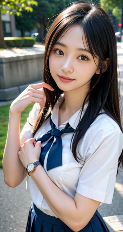 ((top-quality、masterpiece))、Raw photography、8K、top-quality、 超A high resolution、Beautiful face in every detail、Realistic human skin、Gentle expression、front-facing view、Farbe々From an angle、realisitic、Photorealsitic、Beautie、shorth hair、a short skirt、Beautiful schoolgirl、Japan schoolgirl wearing uniform、Surreal High School Girl、(wrist watch)、neck tie、smil、a park、blue-sky、lawn、