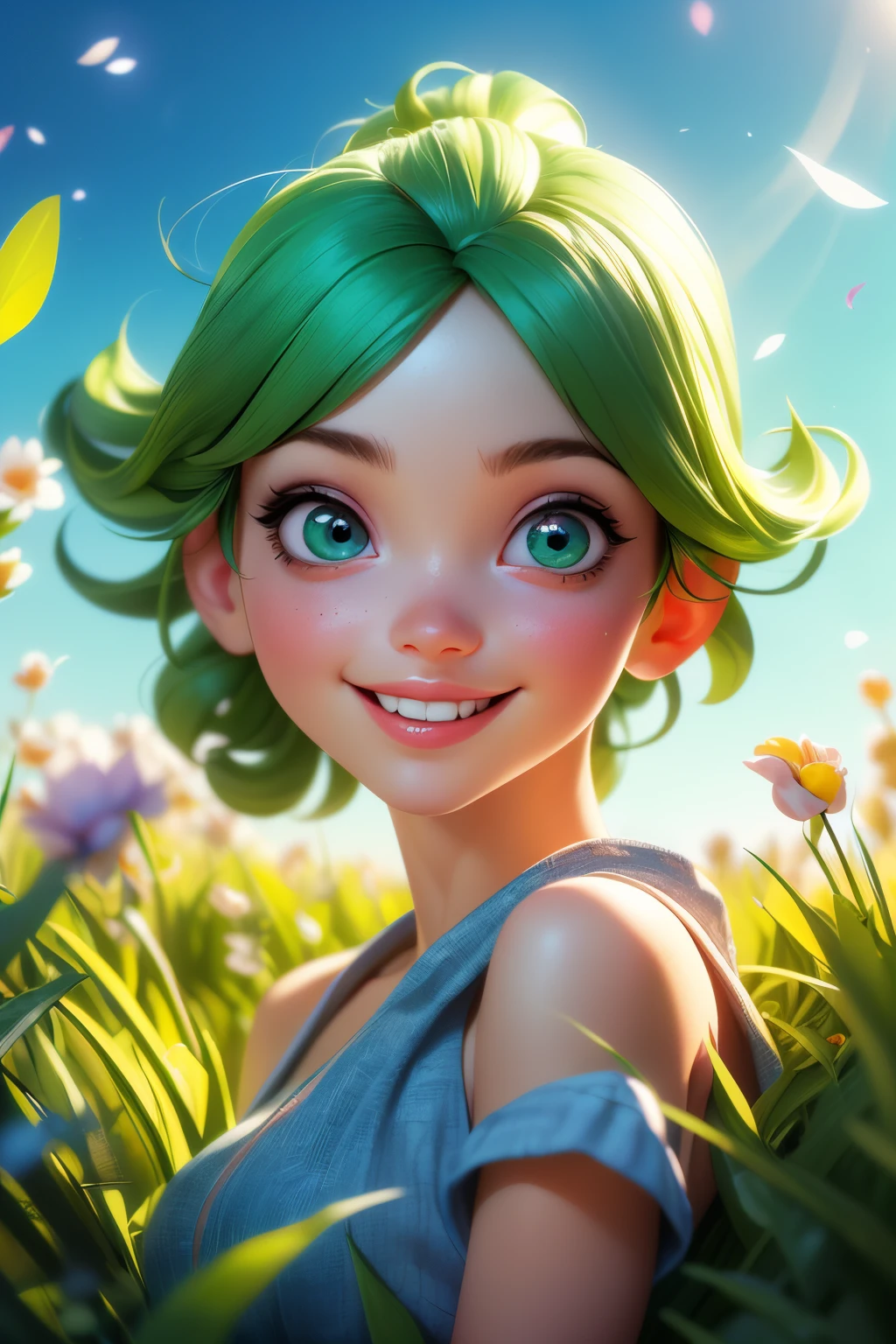 (best quality, 4k, 8k, highres, masterpiece:1.2), ultra-detailed, (realistic, photorealistic, photo-realistic:1.37), playful, cartoon, girl, cute smile, outdoor, 3d rendering, beautiful detailed eyes, beautiful detailed lips, extremely detailed eyes and face, longeyelashes, colourful, soft lighting, summer scenery, green grass, lively atmosphere