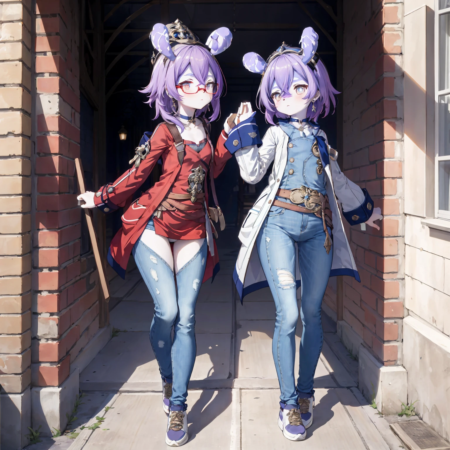 Melousine|genshin impact, masterpiece, bestquality,3 girl,young girl, Long Jeans, Wear glasses, purple hair color, long hair in a ponytail,,,,,,,,,,,,,,,unstable _Front,oily shiny skin,flat chest,nice leg line:1.3,thick thighs, thin-waist,, red_streaks_light_wrap_dress, white_platform_sneakers, woven_El_bag, straw_headgear, gold_hoop_earrings, jacket, In a 19th century French town, long jeans city scenery,looking at the audience,From Top:1.2,dynamic angle