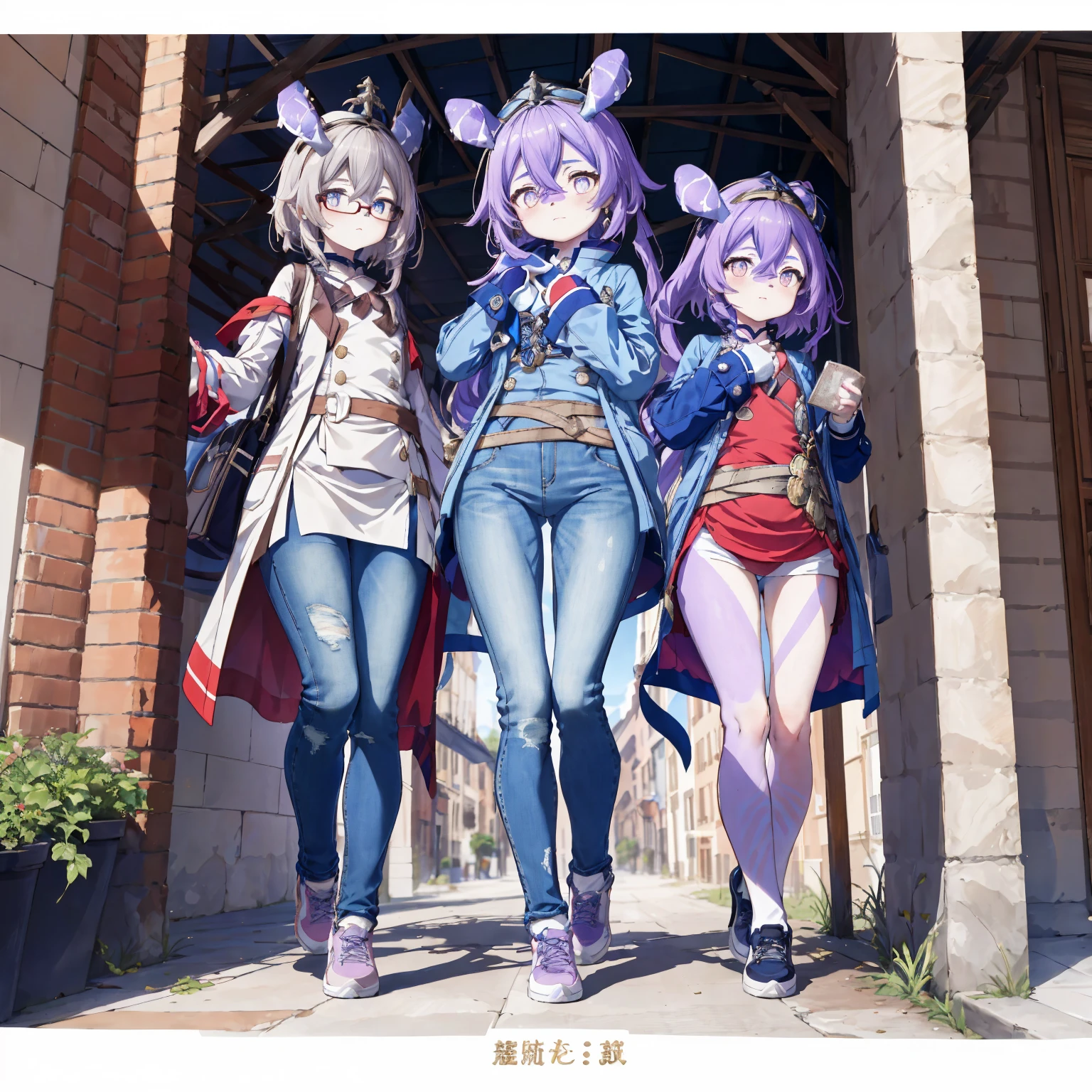 Melousine|genshin impact, masterpiece, bestquality,3 girl,young girl, Long Jeans, Wear glasses, purple hair color, long hair in a ponytail,,,,,,,,,,,,,,,unstable _Front,oily shiny skin,flat chest,nice leg line:1.3,thick thighs, thin-waist,, red_streaks_light_wrap_dress, white_platform_sneakers, woven_El_bag, straw_headgear, gold_hoop_earrings, jacket, In a 19th century French town, long jeans city scenery,looking at the audience,From Top:1.2,dynamic angle