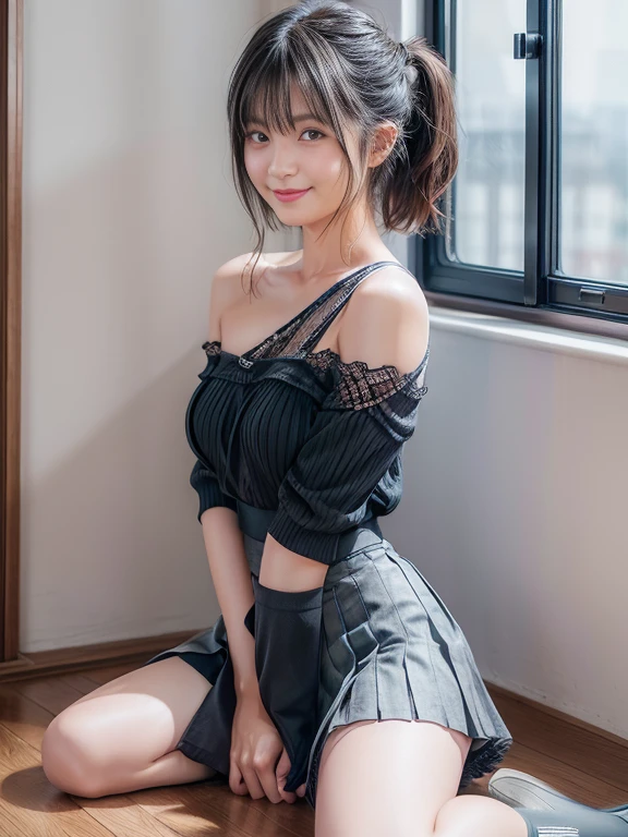 top-quality,The content is very detailed,tmasterpiece,actual,photoreali,Bright lights,1 girl in, Very beautiful 17 year old girl, (kawaii:1.2),light smile, (Black colored eyes),(black color hair),(through bangs,pony tails),perfect glowing skin,Flawless skin,((,Sexy and explicit)),((Precise coordination of hands)), full, Large breasts,big chest and thin waist, Observe your audience,,((One-shoulder open-chest translucent lace tube top)),(Black mini pleated skirt),(((Lift up your skirt yourself))),(Self-elevating),(show panties),And no underwear,panty focus,((sitting down,spread their legs)), Short socks, (Black Knee Socks),(Loafer shoes), In the daytime,On the train,long horizontal seat,put your back against the window, The smile is bright