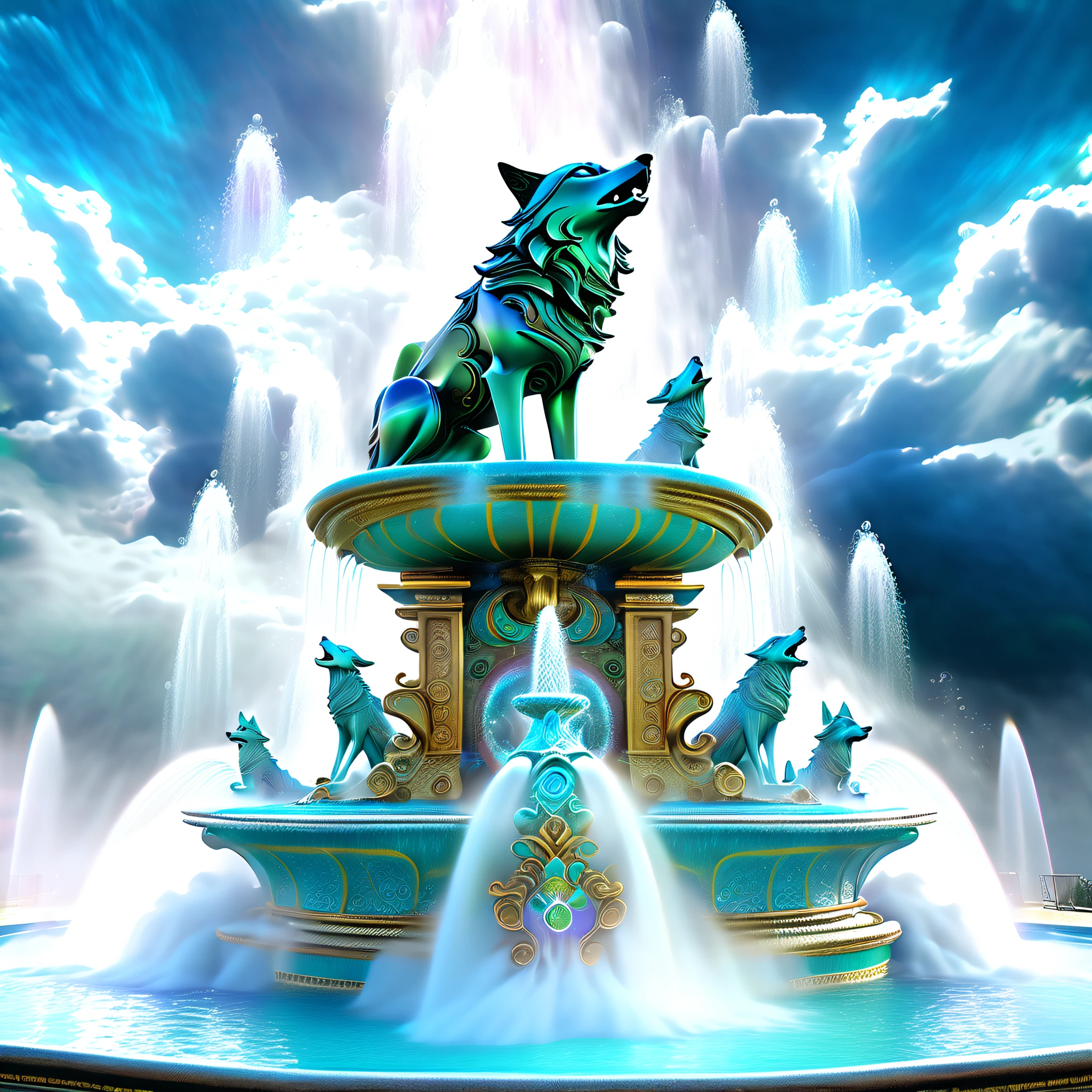 (((magnificent fountain of mystery and fantasy with wolf head sculpture spewing beautiful mist into the sky:1.5))), (((stunning intricate matte painting:1.2))), dark fantasy and eternal beauty, dreamy nebula sky and a faintly glowing moon, of a majestic fountain, bursting with vibrant colors and releasing a cascade of shimmering soap bubbles into the air, magical world with this enchanting illustration of a fountain, intricate details and dreamy, intricate and detailed design, fantastical fairytale with realistic, detailed and elaborate rendering, (((beautiful detail glow:1.2))), mesmerizing display of colorful water, cyan rich color and vivid palette, featuring dynamic mix of styles and rich, awe whimsical touch, wild with unique and diverse rendering of a fountain, (((intricate insane details:1.4))), (((highly quality:1.4))),