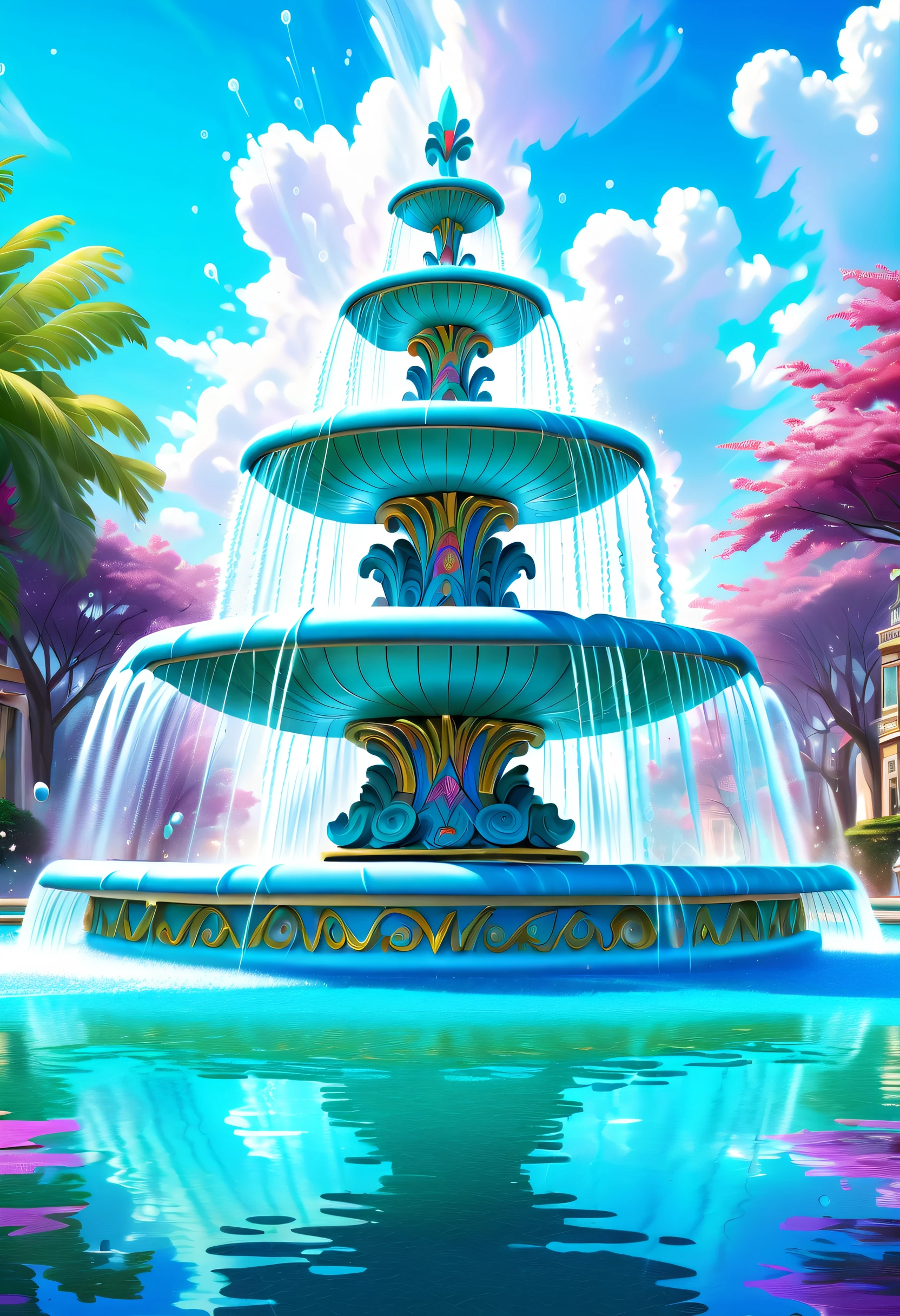 (((stunning intricate digital painting of a majestic fountain:1.5))), bursting with vibrant colors and releasing a cascade of shimmering soap bubbles into the air, (((dream magical world with this enchanting illustration of a fountain:1.2))), (((intricate details and dreamy:1.1))), (((pop-like atmosphere:1.2))), (((fantastical fairytale with realistic detail:1.3))), mesmerizing display of colorful water, cyan rich color and vivid palette, featuring dynamic mix of styles and rich, awe whimsical touch, wild with unique and diverse rendering of a fountain, (((intricate insane details:1.4))), (((highly quality:1.4))), (((extremely intricate detail:1.3))),