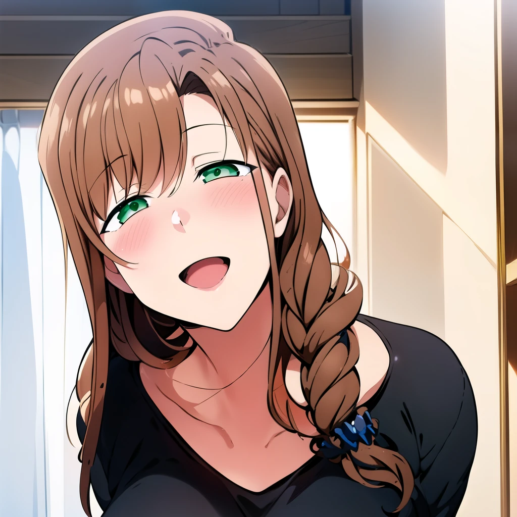 master piece, 1girl, long hair, looking at viewer, blush, smile, open mouth, brown hair, hair ornament, green eyes, braid, :d, indoors, portrait, black shirt