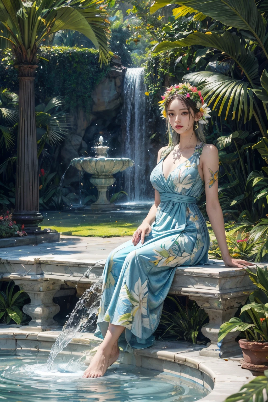 (Best quality at best,4K,tmasterpiece:1.2),tropical garden，There is a fountain，(Beauty plaster statue fountain，Made of white plaster)，The statue stands majestically, The expression is serious，Spring water gushes out from under her feet, Surrounded by vibrant gardens, Featuring exotic flowers and plants such as hibiscus and bromeliads. The garden should have a bold and eye-catching appearance, Have large, colorful leaves. The placement of plants should give people a sense of grandeur, Water features and sculptures add drama.