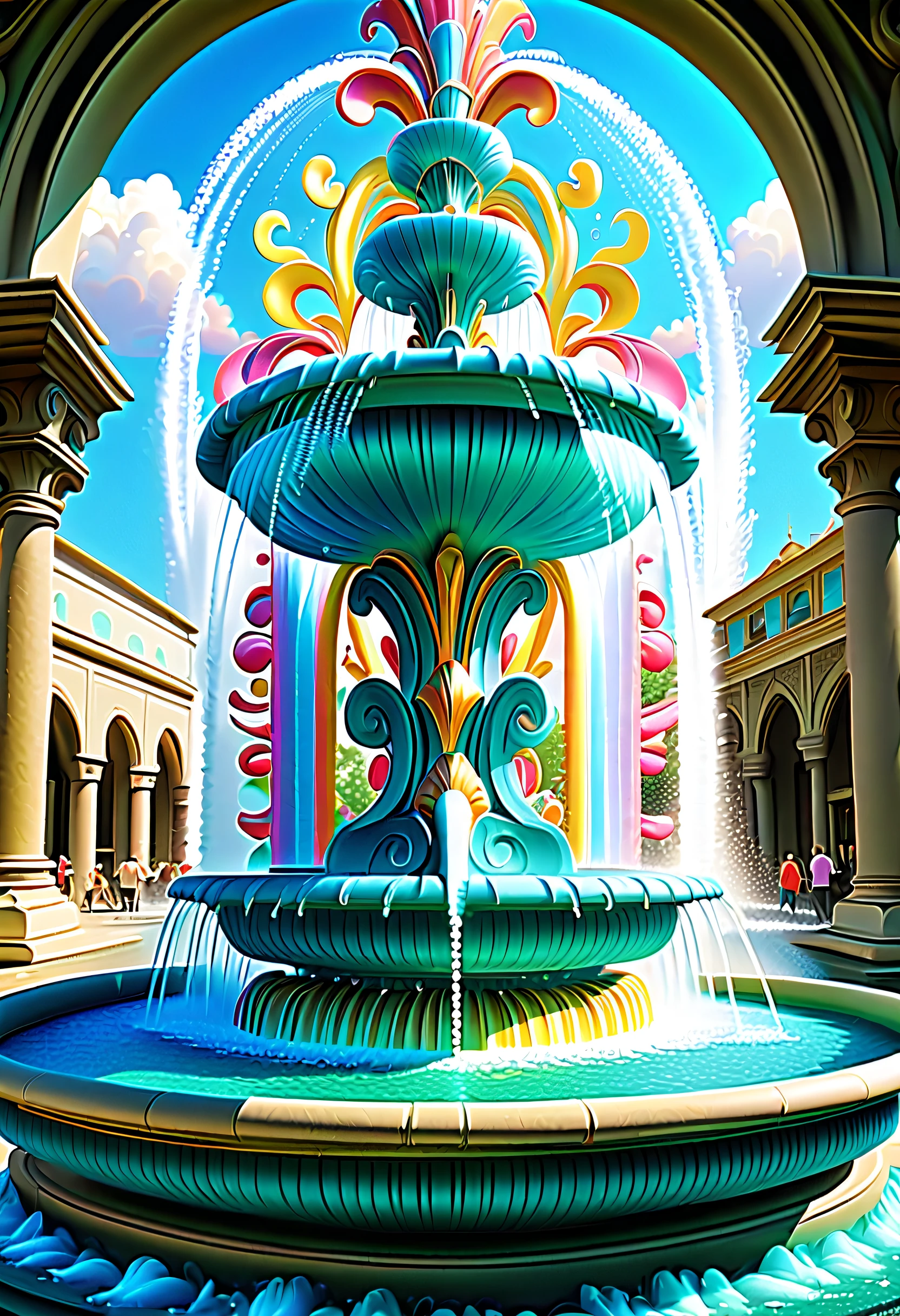 (((stunning intricate digital painting of a majestic fountain:1.5))), bursting with vibrant colors and releasing a cascade of shimmering soap bubbles into the air, magical world with this enchanting illustration of a fountain, intricate details and dreamy, pop-like atmosphere, fantastical fairytale with realistic, mesmerizing display of colorful water, cyan rich color and vivid palette, featuring dynamic mix of styles and rich, awe whimsical touch, wild with unique and diverse rendering of a fountain, (((intricate insane details:1.4))), (((highly quality:1.4))), (((extremely intricate detail:1.3))),