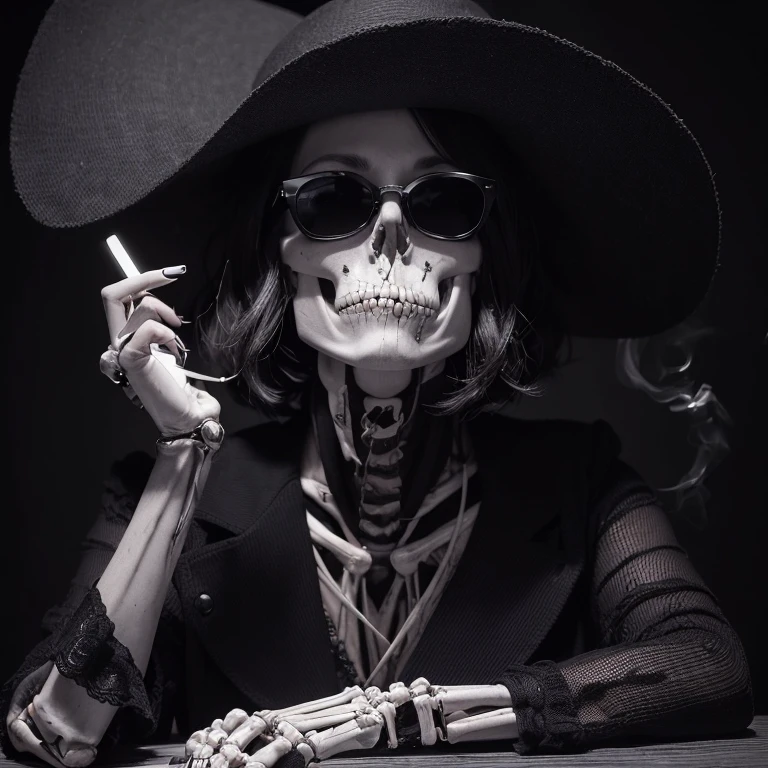 Subject: Marla Singer from the movie Fight Club Pose: The iconic pose from the movie where Marla is smoking a cigarette at a table with her right hand holding the cigarette by the right of her face. there is smoke coming from the cigarette. She is wearing a large black hat and sunglasses Style: (Gothic dark and macabre), Details: (((Marla's face should be a skull))) Her face is a skull with no skin. (((She does not have skin: 1.9))), ((Anatomically correct bones:1.8)) looking straight ahead with a stoic facial expression.