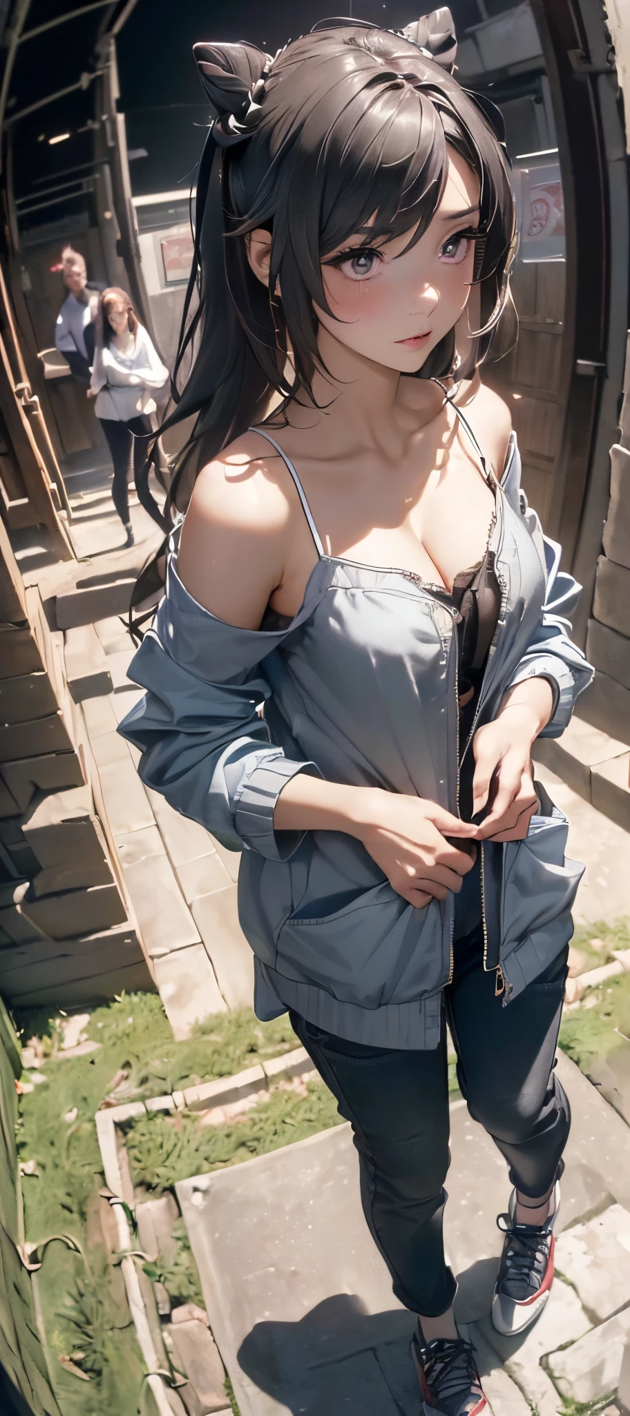 (((8k wallpaper of extremely detailed CG unit:1.2, masterpiece, hight resolution:1.2, top-quality:1.2, masutepiece))), ((a very beautiful woman, Camisole, Wearing a blouson, Wearing shoes, Hands in pockets:1.8)), ((extra detailed face, Highly detailed black eyes, extra detailed body, Top quality real texture skins)), (A dark-haired, The long-haired, de pele branca, Small:1.2, Exposed cleavage:1.2), ((Walled:1.2, Alley without people)), (high-angle:1.2, a closeup, Fisheye:1.4), hyper realisitic, digitial painting,