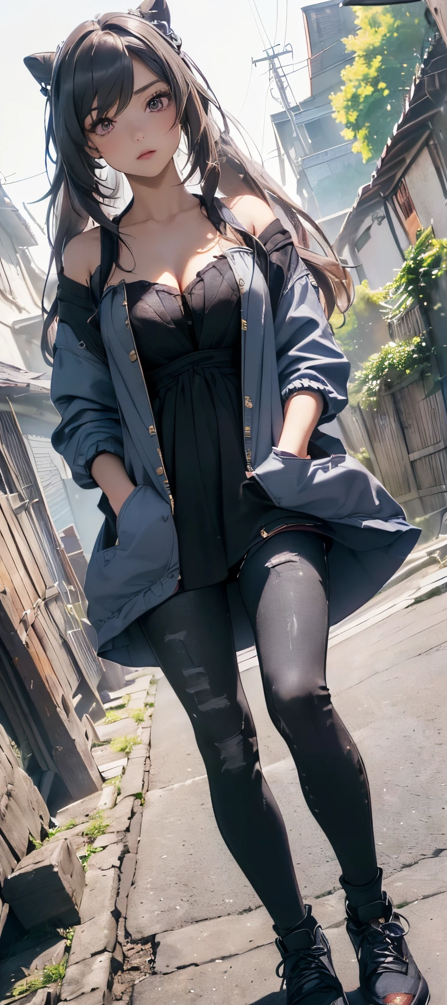 (((8k wallpaper of extremely detailed CG unit:1.2, masterpiece, hight resolution:1.2, top-quality:1.2, masutepiece))), ((a very beautiful woman, Camisole, Wearing a blouson, Wearing shoes, Hands in pockets:1.8)), ((extra detailed face, Highly detailed black eyes, extra detailed body, Top quality real texture skins)), (A dark-haired, The long-haired, de pele branca, Small:1.2, Exposed cleavage:1.2), ((Walled:1.2, Alley without people)), (high-angle:1.2, a closeup, Fisheye:1.4), hyper realisitic, digitial painting,
