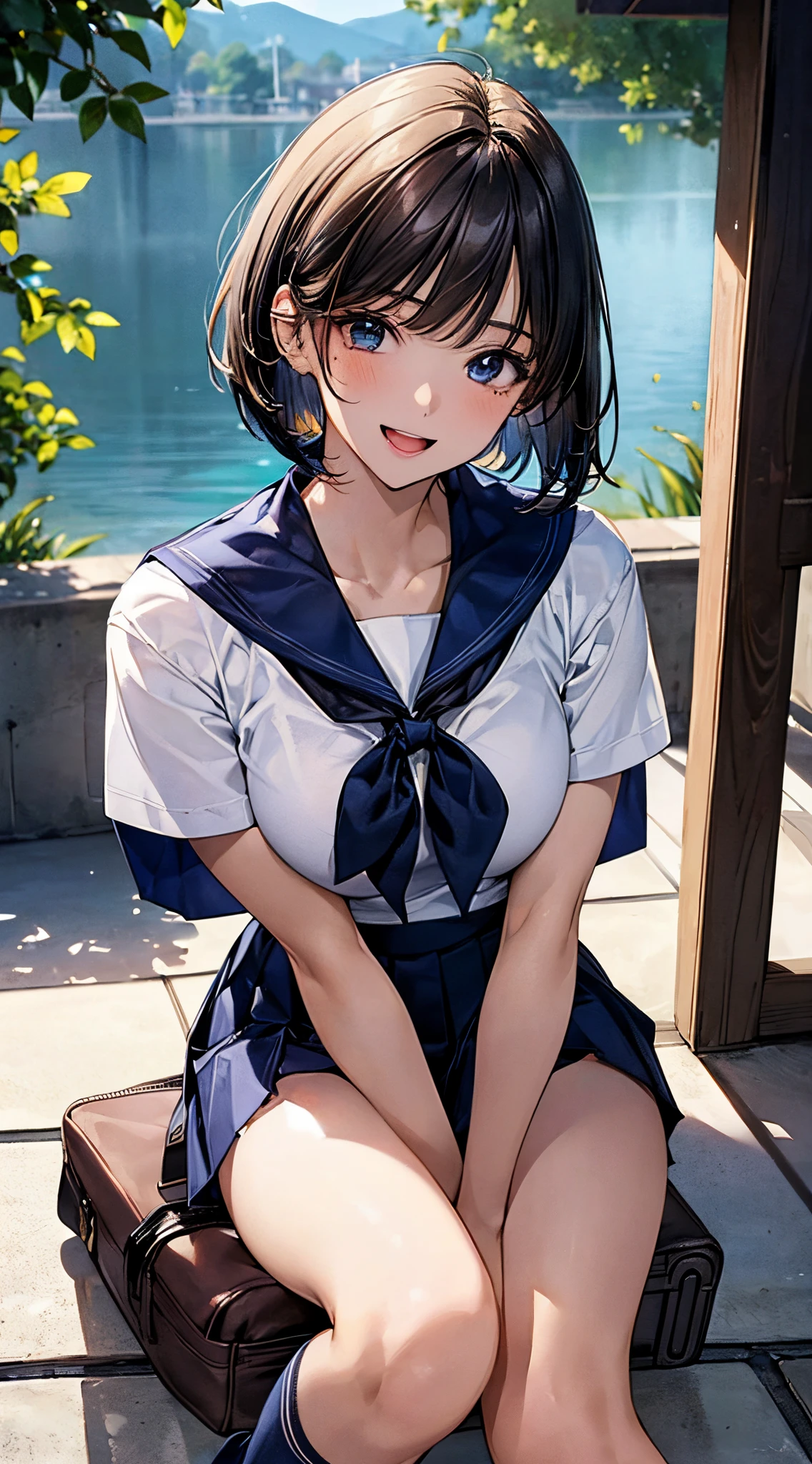 (((perfect anatomy, super detailed skin))), 1 girl, japanese, high school girl, shiny skin, large breasts:0.5, watching the viewer,
beautiful hair, beautiful face, beautiful detailed eyes, (short hair:1.1, bob cut:1.2), dark blonde hair:1, blue eyes,
beautiful clavicle, beautiful body, beautiful chest, beautiful thighs, beautiful legs, face, mole under eye,
((short sleeves, all navy cute sailor suit, navy pleated skirt, navy sailor collar, blue sailor scarf, socks, brown loafers), school bag, cross necklace), seductive thighs, ,
((smile:1.5, , , open mouth)), sitting, spread legs,
(beautiful scenery), summer, night, outdoors, beautiful definition sky,
8k, top quality, masterpiece:1.2, extremely detailed), (, photorealistic), beautiful illustration, cinematic lighting, (panty shot),