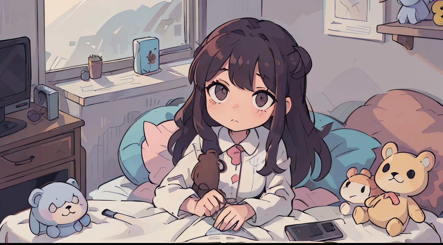 ((master part, best quality)), Create an illustration of a little girl, ((mechendo no computador)),  sentada em uma cadeira, ((stuffed animals in bed)), dentro de um quarto, ((corpo inteiro))