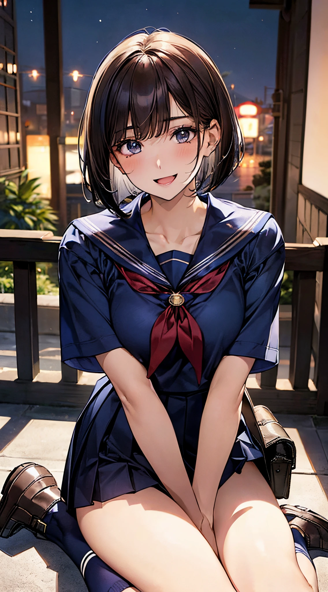 (((perfect anatomy, super detailed skin))), 1 girl, japanese, high school girl, shiny skin, large breasts:0.5, watching the viewer,
beautiful hair, beautiful face, beautiful detailed eyes, (short hair:1.1, bob cut:1.2), dark blonde hair:1, blue eyes,
beautiful clavicle, beautiful body, beautiful chest, beautiful thighs, beautiful legs, babyface, mole under eye,
((short sleeves, all navy cute sailor suit, navy pleated skirt, navy sailor collar, blue sailor scarf, socks, brown loafers), school bag, cross necklace), seductive thighs, ,
((smile:1.5, , , open mouth)), sitting, spread legs,
(beautiful scenery), summer, night, outdoors, beautiful definition sky,
8k, top quality, masterpiece:1.2, extremely detailed), (, photorealistic), beautiful illustration, cinematic lighting, (panty shot),