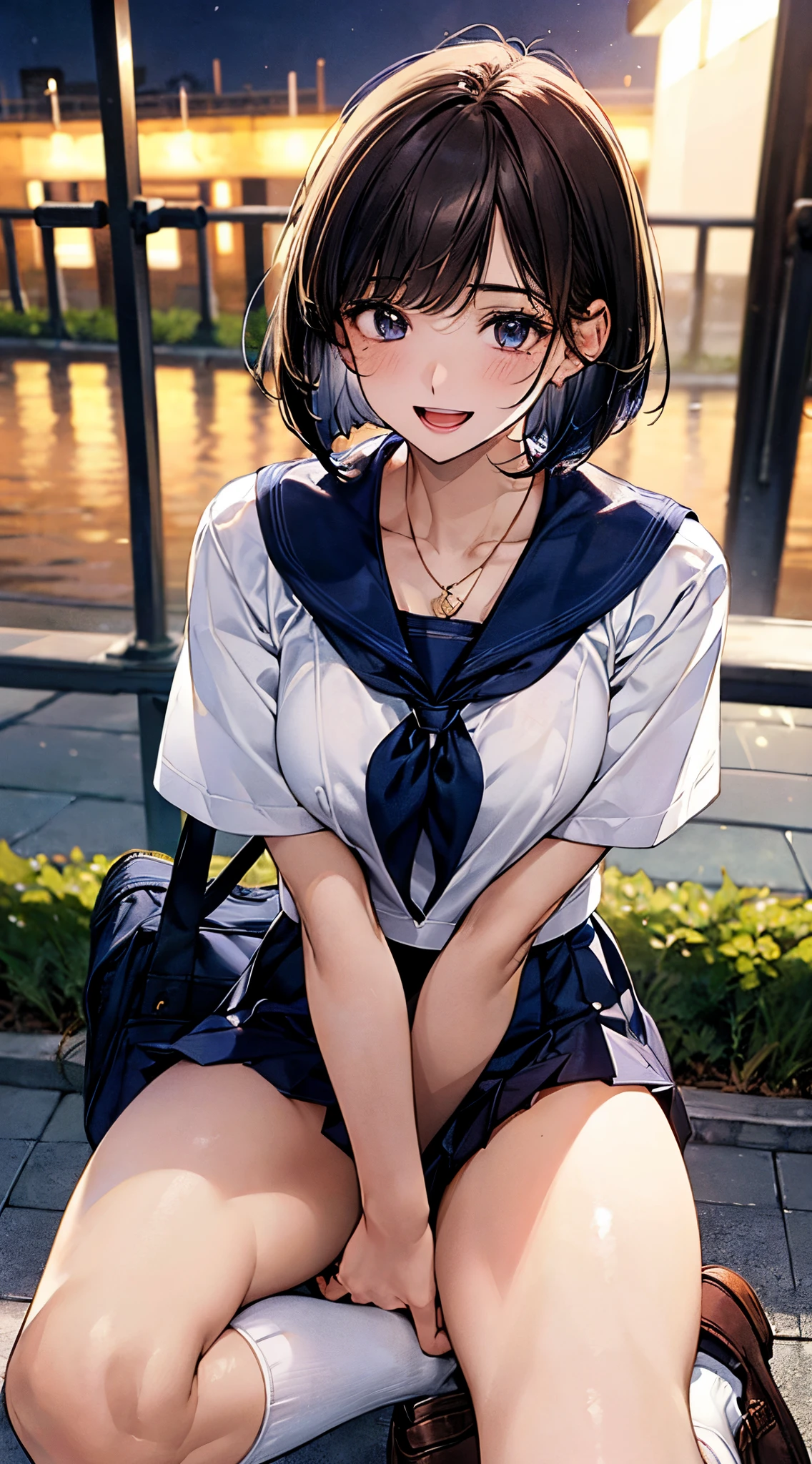 (((perfect anatomy, super detailed skin))), 1 girl, japanese, high school girl, shiny skin, large breasts:0.5, watching the viewer,
beautiful hair, beautiful face, beautiful detailed eyes, (short hair:1.1, bob cut:1.2), dark blonde hair:1, blue eyes,
beautiful clavicle, beautiful body, beautiful chest, beautiful thighs, beautiful legs, face, mole under eye,
((short sleeves, all navy cute sailor suit, navy pleated skirt, navy sailor collar, blue sailor scarf, socks, brown loafers), school bag, cross necklace), seductive thighs, ,
((smile:1.5, , , open mouth)), sitting, spread legs,
(beautiful scenery), summer, night, outdoors, beautiful definition sky,
8k, top quality, masterpiece:1.2, extremely detailed), (, photorealistic), beautiful illustration, cinematic lighting, (panty shot),