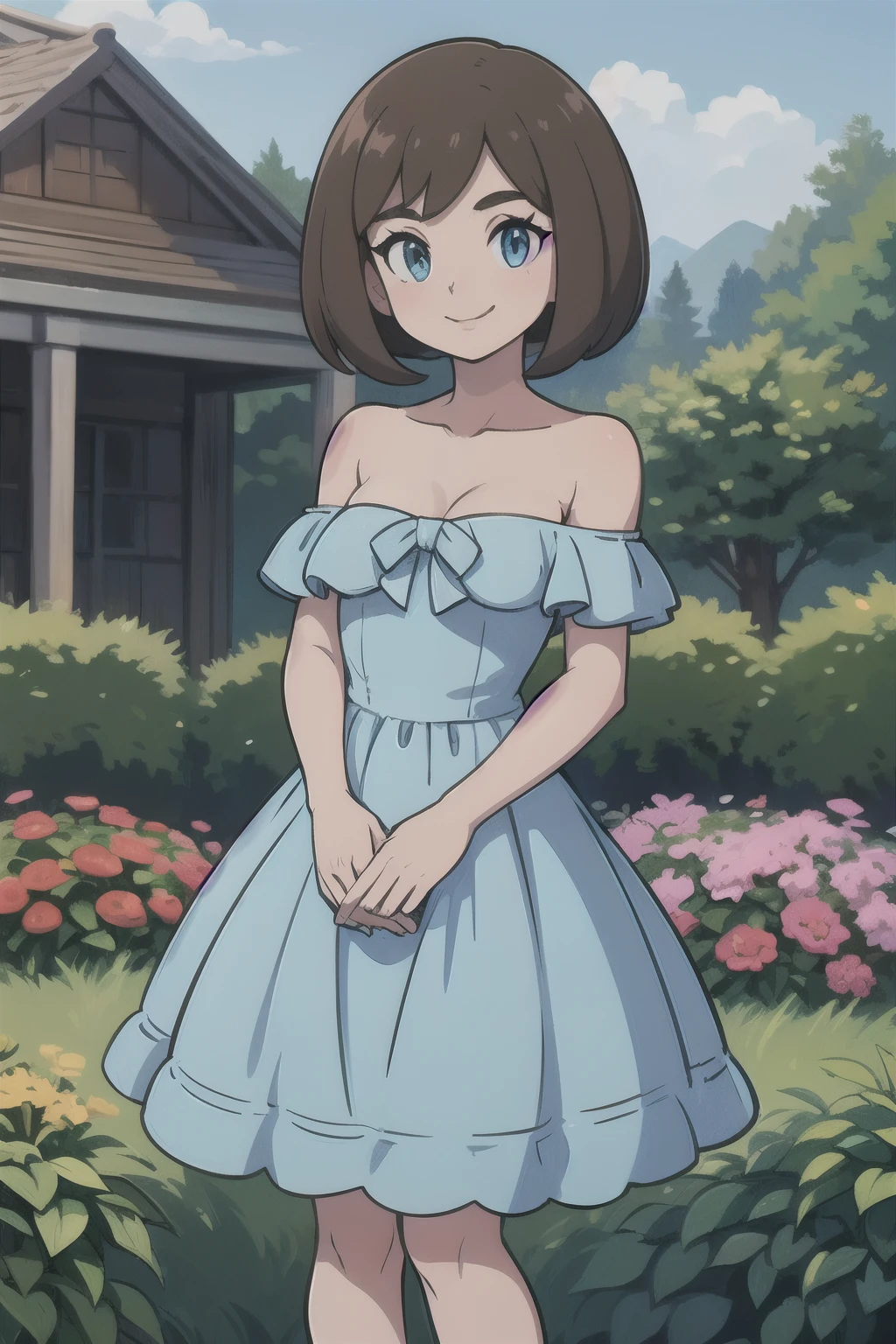 Bianca (pokemon heroes), brown hair, bob cut, medium hair, blue eyes, soft skin, smile, Light Blue Dress, Strapless Light Blue Dress, Ruffle Off-the-Shoulder Top, Off-the-Shoulder Dress, Long Skirt, anime, masterpiece, best illustration, 2d, very high resolution, 1girl, garden, a lot of small details