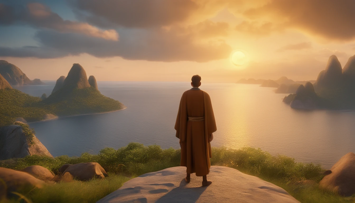 a pixa Disney cartoon of the biblical times apostle Paul, standing on an island looking at a big golden heavenly city made of gold coming down from the sky, animation film, animated film still, rendered in corona, epic illumination, 3 d animated, 3d animated, he is greeting you warmly Caractere estilizado, animation style rendering, 3D estilizado, Arnold Maya render, 3 d render stylized, toon render keyshot, Personagem 3D, Personagem 3D, 3d rendering stylized, 3 d character render, personagem de desenho animado, Personagem de close up, Pose de personagem, (Estilo Pixar) (master part:1.2) (Bokeh) (best quality) (pele detalhada) (textura detalhada) (8k) (argila) (Cinematic lighting) (foco nítido