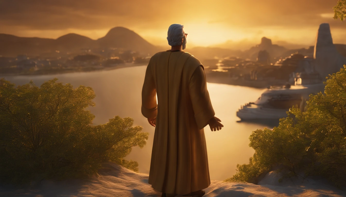 a pixa Disney cartoon of the biblical times apostle Paul, standing on an island looking at a big golden heavenly city made of gold coming down from the sky, animation film, animated film still, rendered in corona, epic illumination, 3 d animated, 3d animated, he is greeting you warmly Caractere estilizado, animation style rendering, 3D estilizado, Arnold Maya render, 3 d render stylized, toon render keyshot, Personagem 3D, Personagem 3D, 3d rendering stylized, 3 d character render, personagem de desenho animado, Personagem de close up, Pose de personagem, (Estilo Pixar) (master part:1.2) (Bokeh) (best quality) (pele detalhada) (textura detalhada) (8k) (argila) (Cinematic lighting) (foco nítido