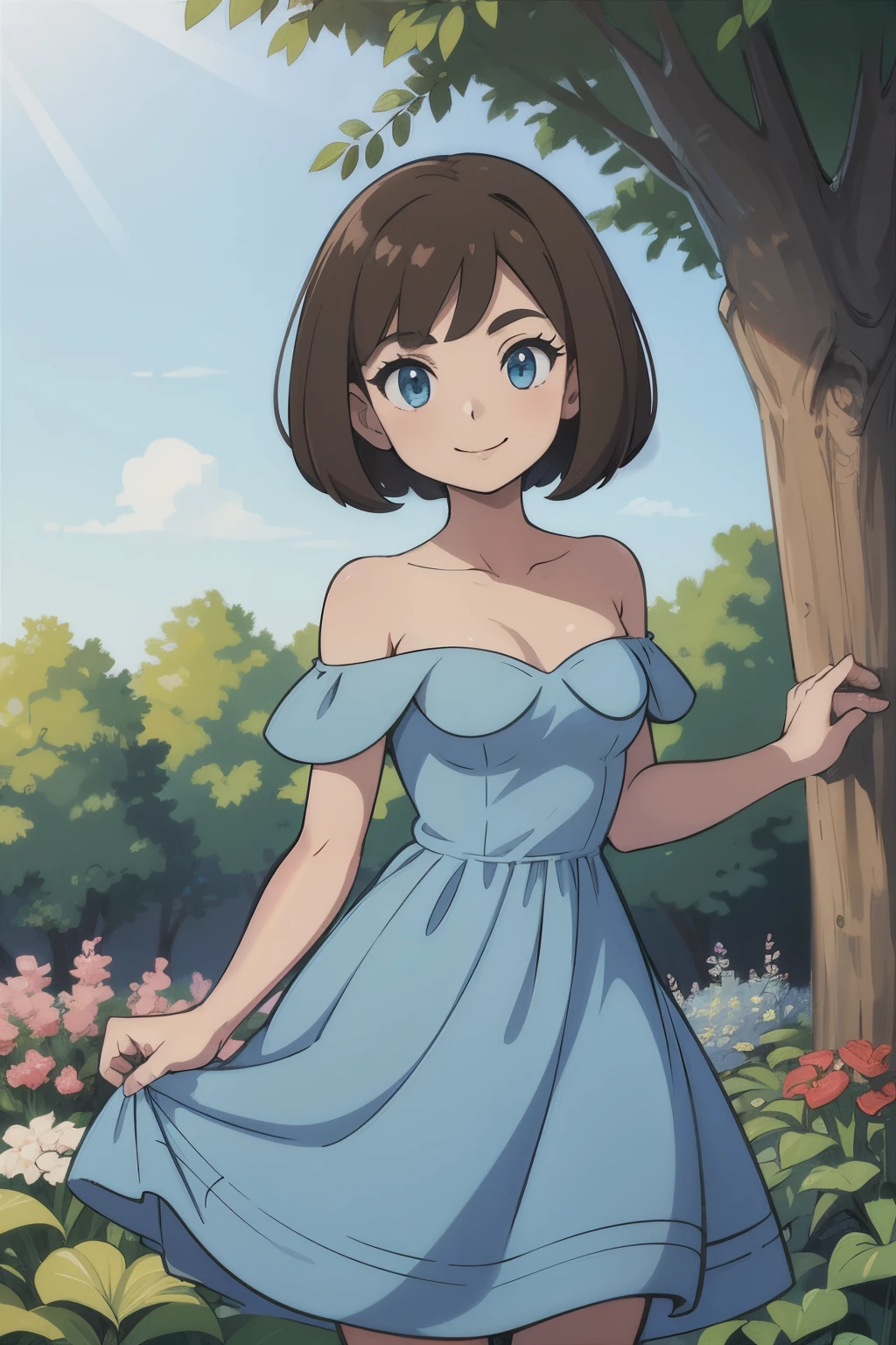 Bianca (pokemon heroes), brown hair, bob cut, medium hair, blue eyes, soft skin, smile, Light Blue Dress, Strapless Light Blue Dress, Ruffle Off-the-Shoulder Top, Off-the-Shoulder Dress, Long Skirt, anime, masterpiece, best illustration, 2d, very high resolution, 1girl, garden, a lot of small details