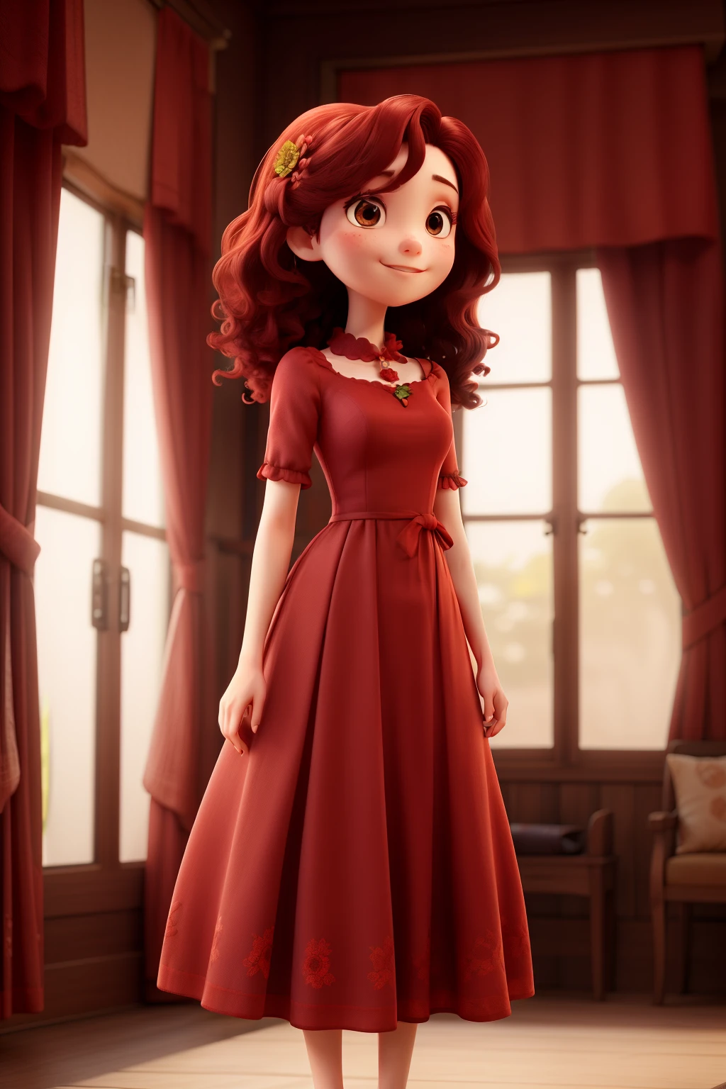1 woman in red long dress the design is small red flower with short wavy hair
with curtain bangs