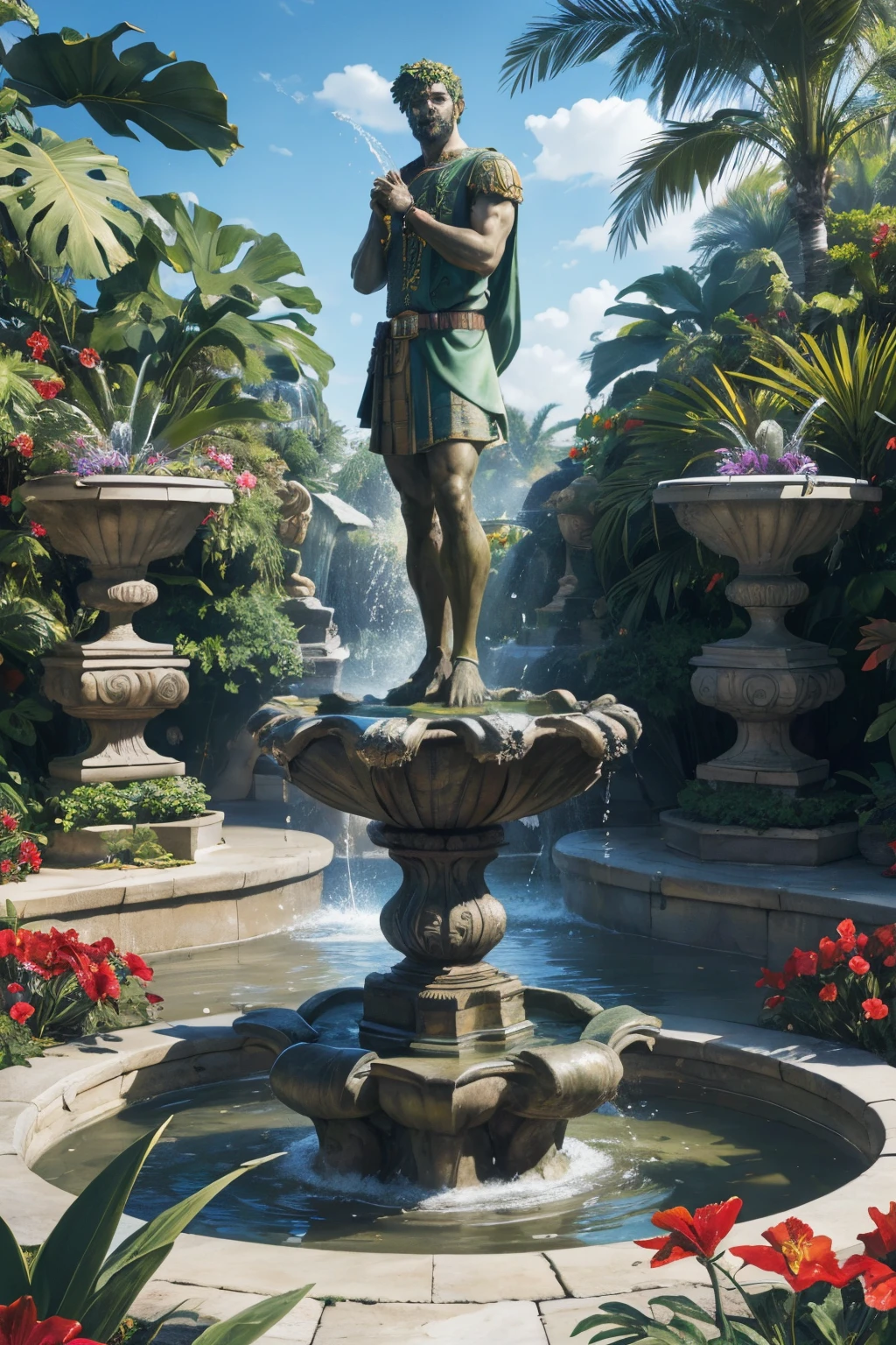 (Best quality,4K,tmasterpiece:1.2),tropical garden,There is a fountain,Ancient Roman soldier bronze sculpture,The statue stands majestically, A stream of water spurted from his feet, Surrounded by vibrant gardens, Featuring exotic flowers and plants such as hibiscus and bromeliads. The garden should have a bold and eye-catching appearance, Have large, colorful leaves. The placement of plants should give people a sense of grandeur, Water features and sculptures add drama.