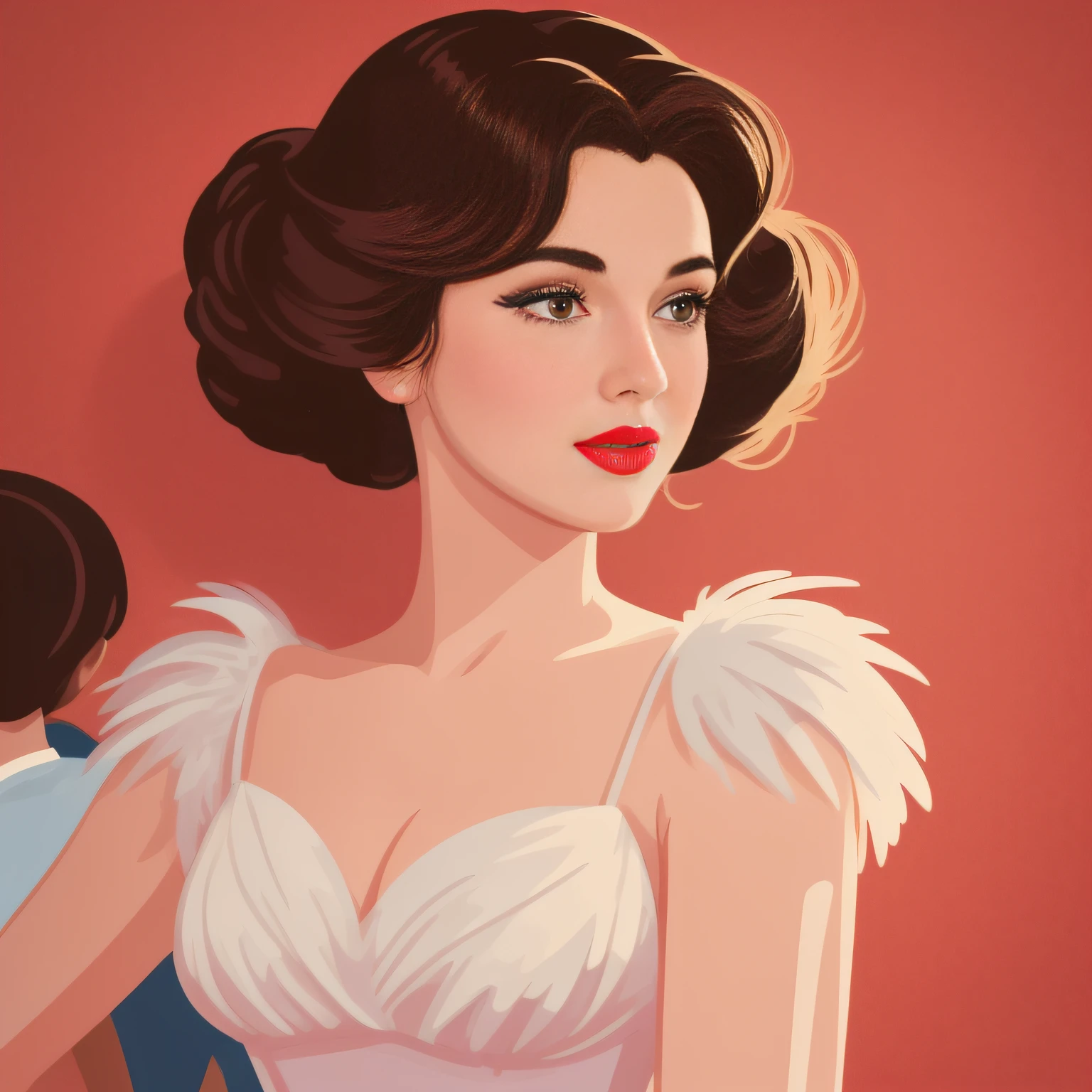 a close up of a person in a dress and a crowd of people, vector art by Lee Loughridge, trending on cg society, pop art, in style of digital illustration, art deco illustration, art deco portrait, digital art of an elegant, retro illustration, movie illustration, digital illustration -, vector art style, 1950s illustration style