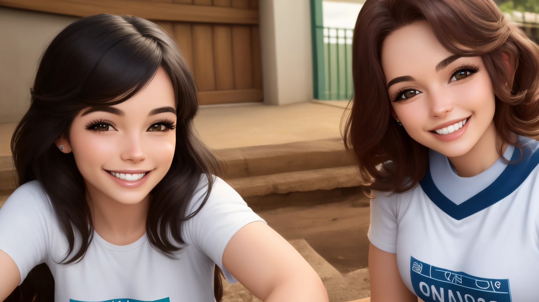 Mulher sorrindo apontando pra direita fundo branco