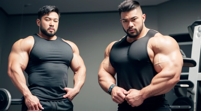 (Very detailed 8k wallpaper), two asian men, muscle worship, arms folded, At the gym, high detailing, buzzcut, very large and strong body, bulging muscles, well-muscled, very large pectoral muscles. Very sexy abs, legs are muscular, Toned figure, lightens oily skin, muscular, Tank top, T-shirt, longshot, Wide Shot