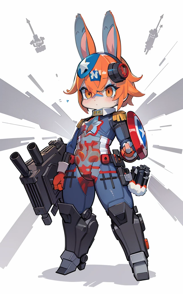 Captain America turns into mechanical rabbit, Cartoon image of robot rabbit holding gun, Holding a giant carrot shield in his right hand