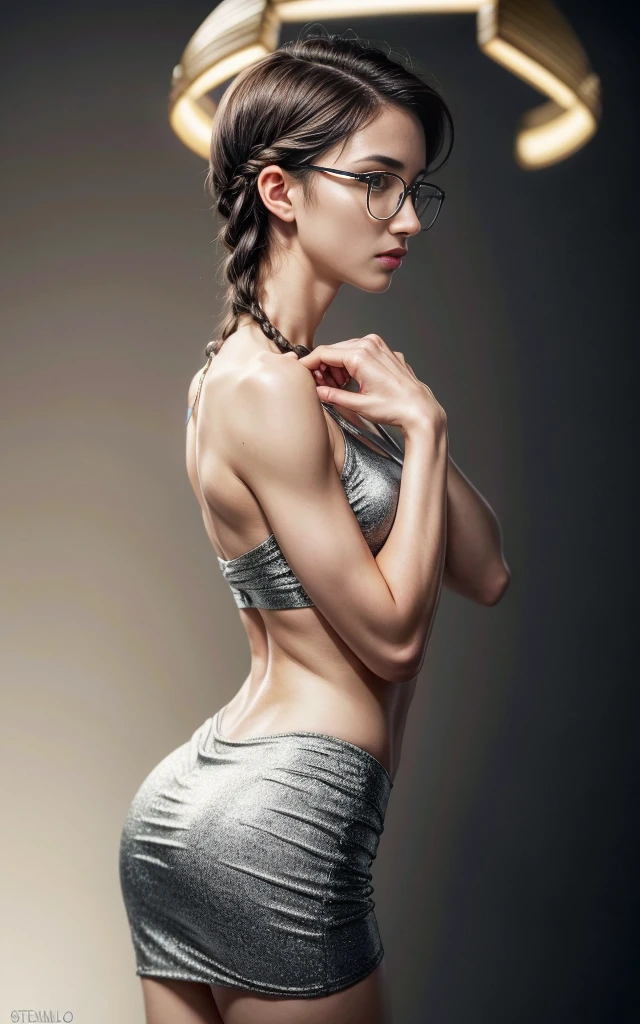 (8K, Masterpiece, RAW photo, Best quality, detail:1.3), (ultra realistic:1.4, scenary, 8K), Depth of field, Cinematic light, (ultra realistic face), (1 solo girl:1.7), (Beautiful and elegant Russian girl), ( tight [red|white] [miniskirt|leggings|minidress|skinny minishorts], 1.6), (skinny girl with glasses), (European face:1.3), (natural abs), (full body:1.5), ([tight minitop|tight jacket]:1.4), (small necklace, collarbone:1.1), ([short hair]:1.5), (ultra detailed skin:1.4), (soft mate fabric:1.3), ([frontal pose|side profile pose|back profile pose]:1.5), (face looking at viewer:1.5), (perfect hands:1.4), (perfect anatomy:1.6), ([black hair|blonde hair]:1.4), ( halo braid hair:1.5)