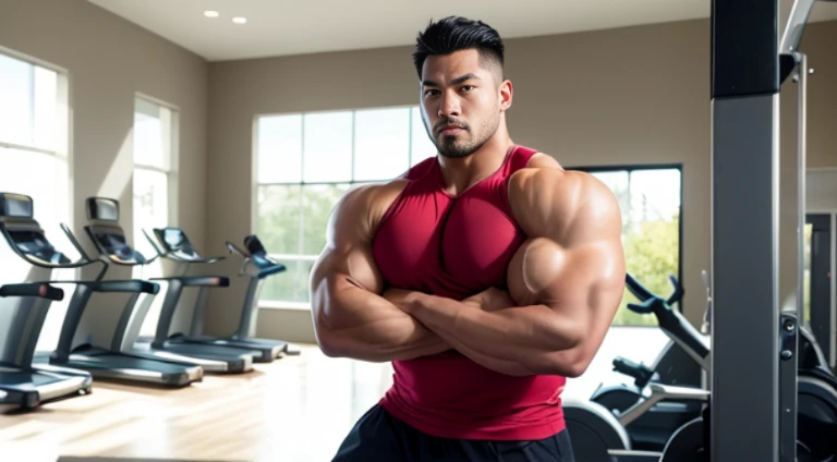 (Very detailed 8k wallpaper), two asian men, muscle worship, arms folded, At the gym, high detailing, buzzcut, very large and strong body, bulging muscles, well-muscled, very large pectoral muscles. Very sexy abs, legs are muscular, Toned figure, lightens oily skin, muscular, Tank top, T-shirt, longshot, Wide Shot