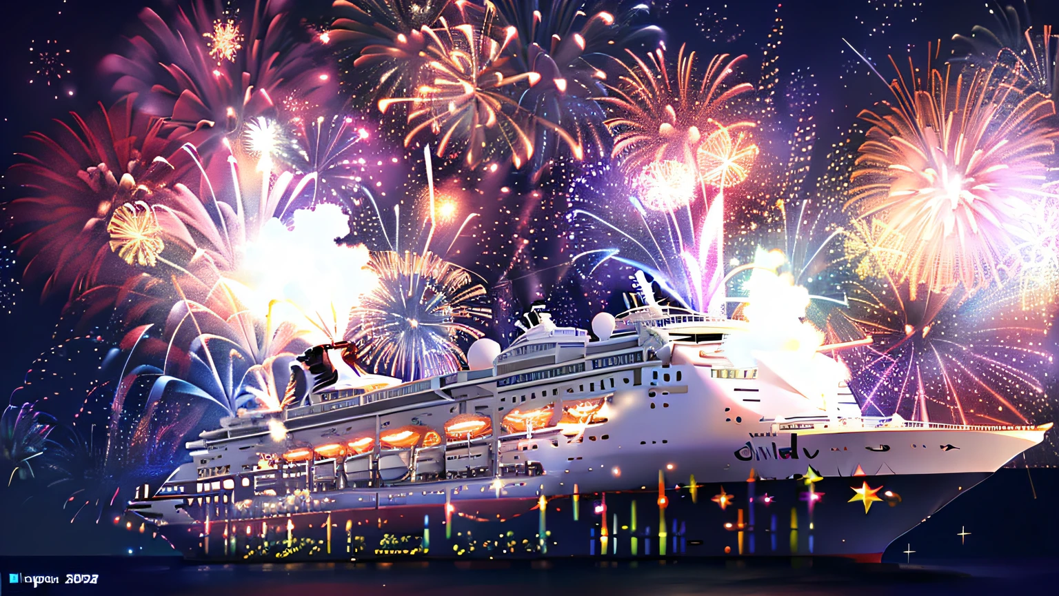 Fireworks over cruise ship, celebrates, stunning VFX, celebration, no people, New Year's Eve, 4 0 9 6, full fireworks, VFX shot, fireworks, pyrotechnics, happy birthday, CGI special effects, 2 0 2 2, 2022, on board, 2025, great masterpiece,4K high definition