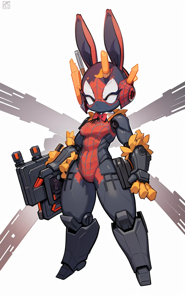 Spider-Man transforms into a mechanical rabbit, Cartoon image of robot rabbit holding gun, Holding a giant carrot shield in his right hand
