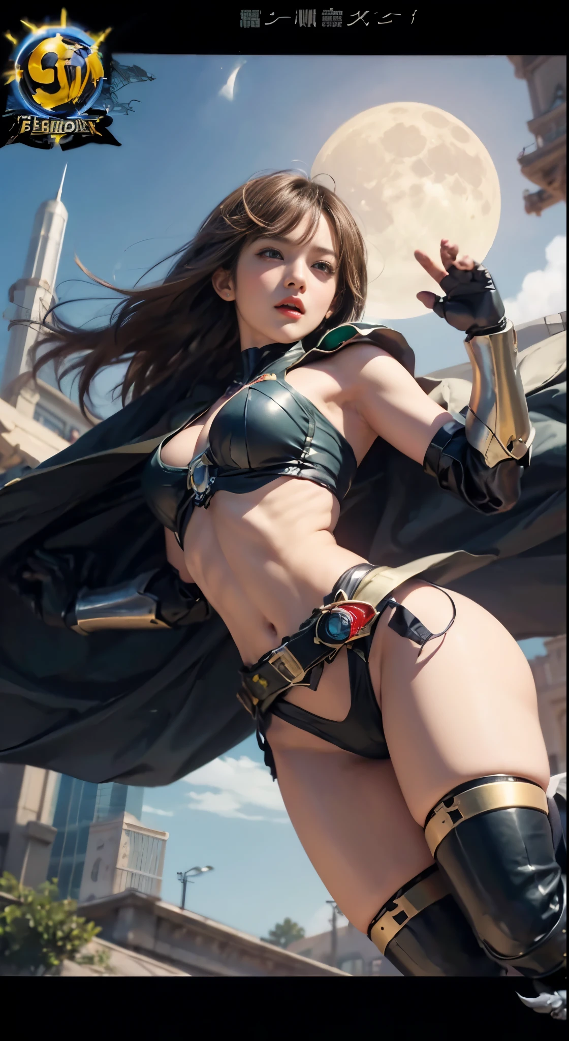 Kamen Rider、Kamen Rider Kiva、Female Kamen Rider、Sexy Kamen Rider、good at seducing、((The face is clearly visible))、美丽的面容、Fluttering cloak、s Armor、mecha-armored、cleavage of the breast、Navel Ejection、((Transformation Belt))、((small metal panties))、Cameltoe、thighs thighs thighs thighs、shocker、((Big full moon in the background))、(Rider Kick)、(Jumping Kick)、(((trading card)))、