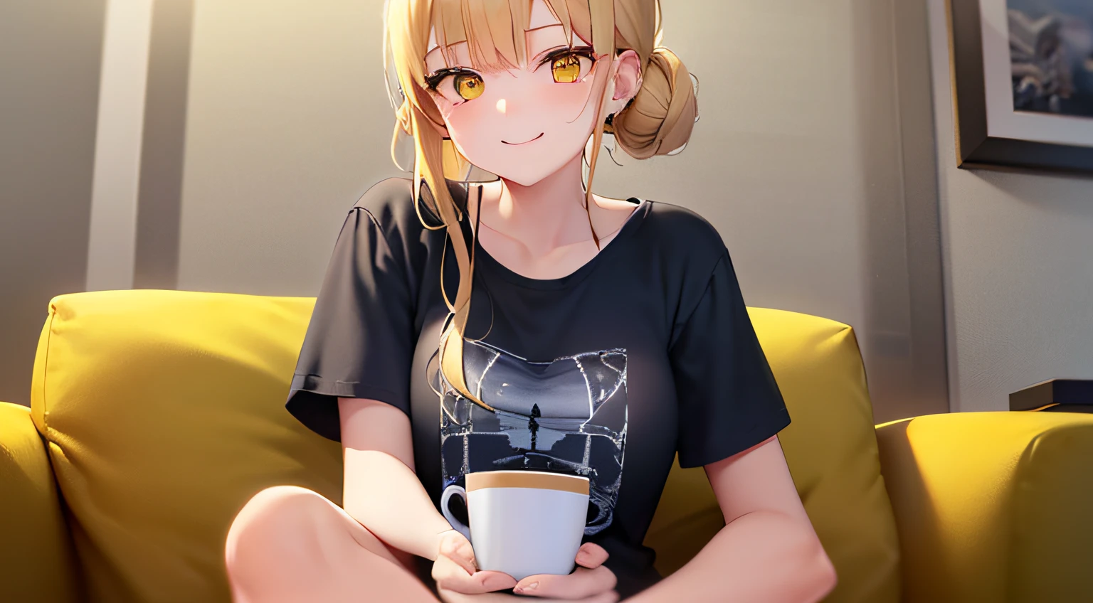 ​masterpiece、hightquality、The background is the living room at night、Bold composition、Sitting on the couch、(blonde  hair, one hair bun, yellow  eyes)、An 18-year-old woman、Have a cup、(a black T-shirt, oversized clothes)、(Alone:1.5)、(A smiling expression of embarrassment:1.1)、(Only the upper body from the neck is visible.:1.3)、