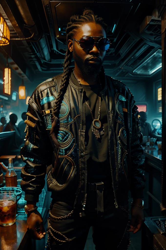 full body, rick ross talking to a slim woman, braids, wearing African clothes, wearing futuristic  sunglasses, science fiction style, A highly detailed,  African city bar, five fingers   high-tech, cyberpunk,