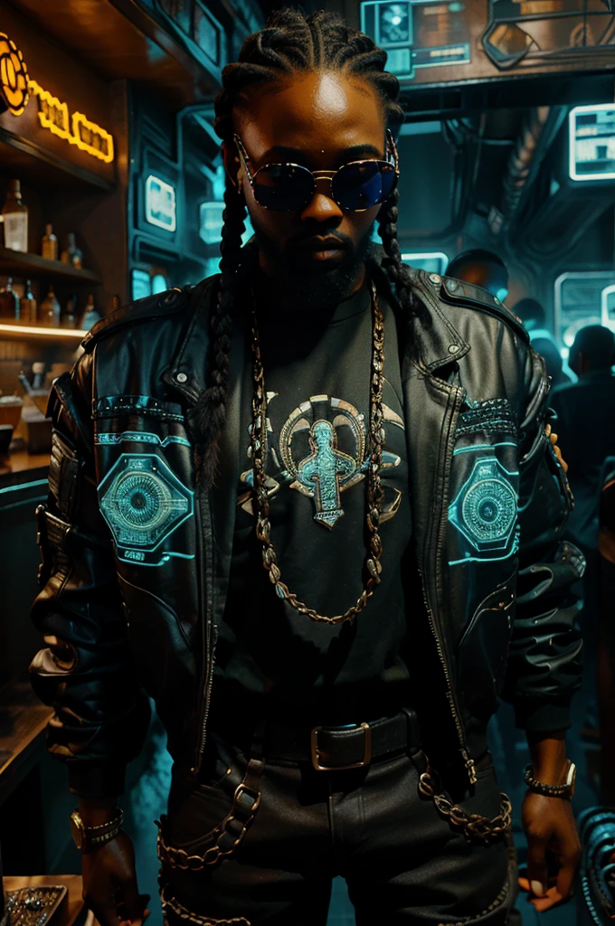 full body, rick ross talking to a slim woman, braids, wearing African clothes, wearing futuristic  sunglasses, science fiction style, A highly detailed,  African city bar, five fingers   high-tech, cyberpunk,