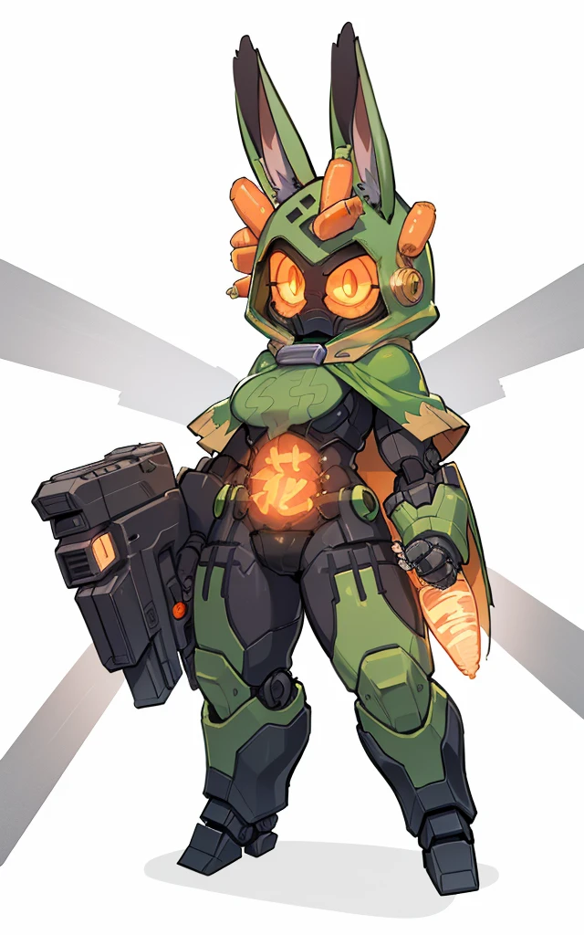Doctor Doom transforms into a mechanical rabbit, Cartoon image of robot rabbit holding gun, Holding a huge carrot shield in his right hand, green capelet