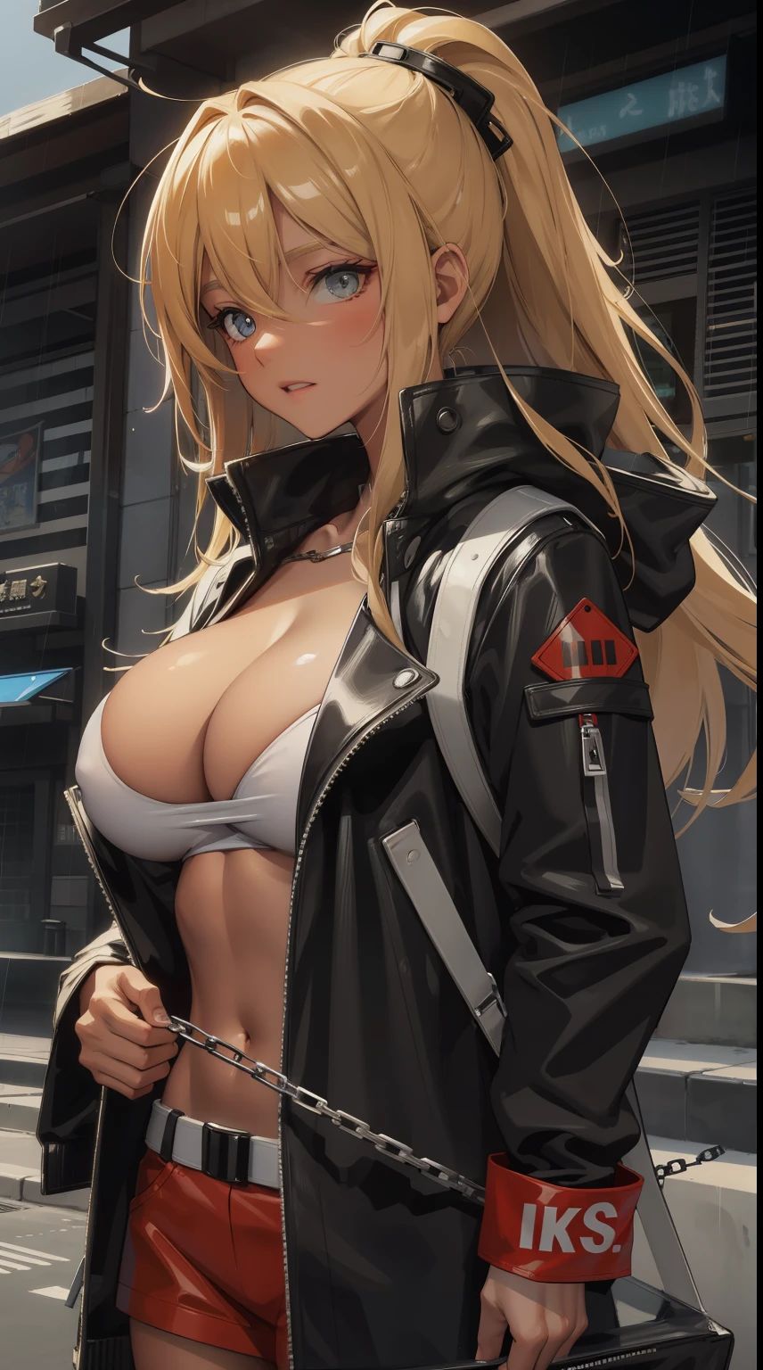 (best illumination, best shadow, masterpiece, high quality), 1 girl, upper body shot, perfect body, huge breasts, jacket, rain, outdoor, sweatshirt, open jacket, chain, backpack, looking at other, hair split in middle, tanned skin, female focus, trend in artstation, 8k resolution, highly detailed, anatomically correct, sharp image, digital painting, concept art, trend in pixiv