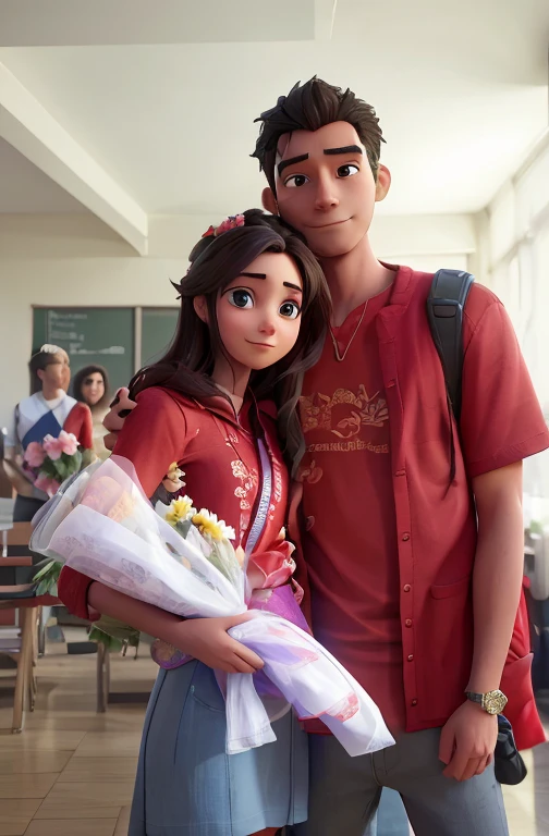 there is a man and woman standing together holding flowers, with her long, student, lovely couple, happy couple, wearing red attire, pablo carpio and jordan grimmer, 1 st winner, ((oversaturated)), in love, they are in love, couple, detailed focused, in background, non blurry, high quality upload, official, at college, detailed!