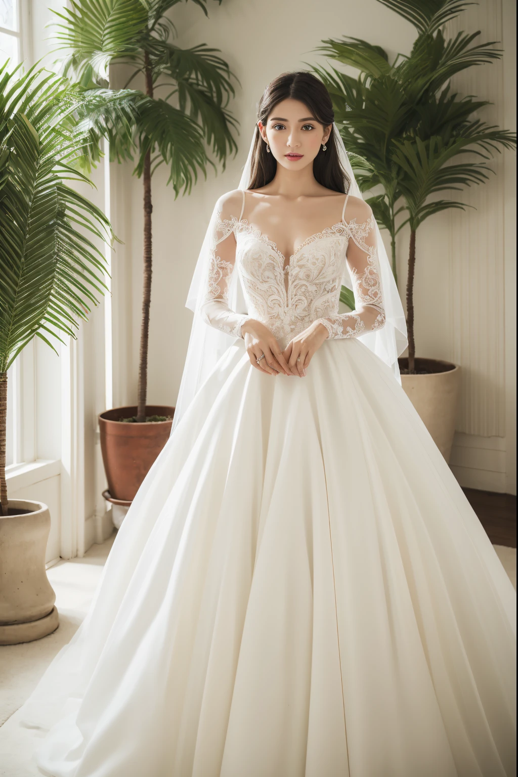 Best quality, 8k, 32k, Masterpiece, Masterpiece, (Photorealistic: 1.4), RAW photo, ultra realistic, 1girl，Fashion model，arafed woman in a white wedding dress standing upright and look straight, tulle and lace, romantic gown, dressed beautiful gown, full length view, elegant intricate, modest flowing gown, fantasy long intricate gown, in white room with indoor decorative palm tree
